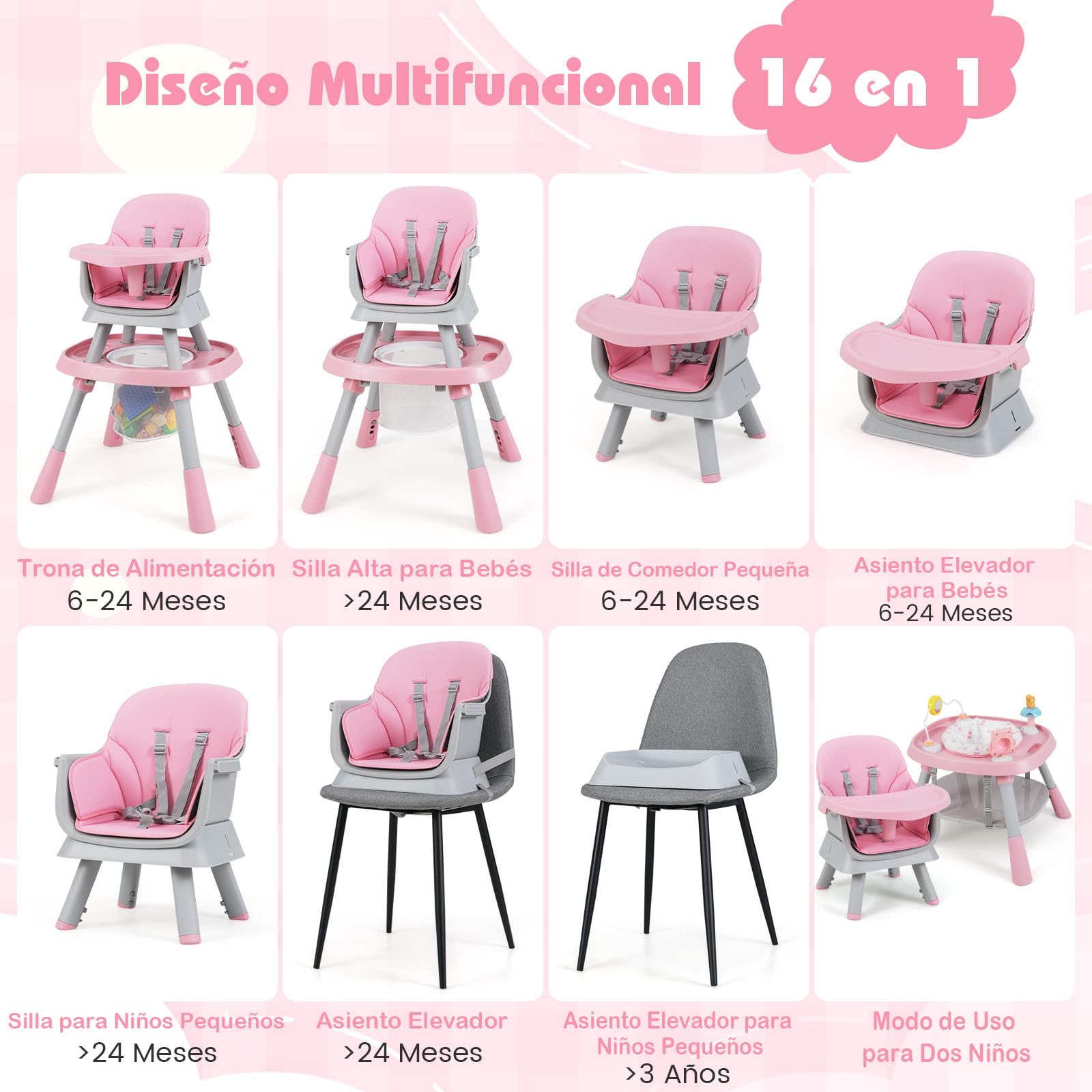 COSTWAY Trona Evolutiva Bebé 16 en 1, Trona Bebé con 3 Alturas Ajustables, Asiento Giratorio 360°, Bandeja con 3 Opciones y Mesa de Doble Cara, Silla de Comer para 6-36 Meses (Rosa)