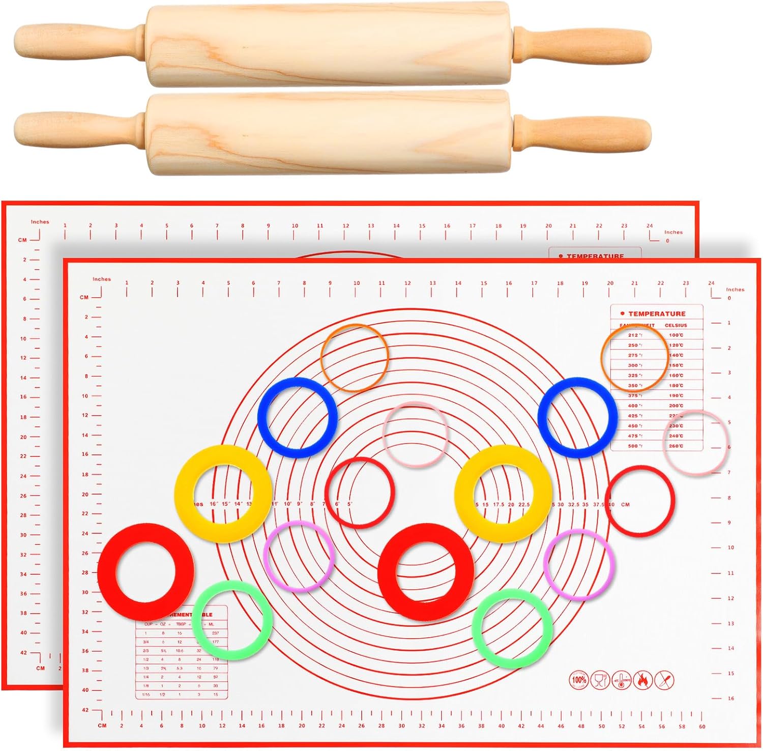Qinyoung 20 Pcs Rolling Pin Set Include 2 Classic Wood Dough Rollers 16 Adjustable Thickness Guide Rings 2 Pastry Mats Non slip Silicone Baking Essentials for Fondant Pasta Bread Pizza Pies Cookies