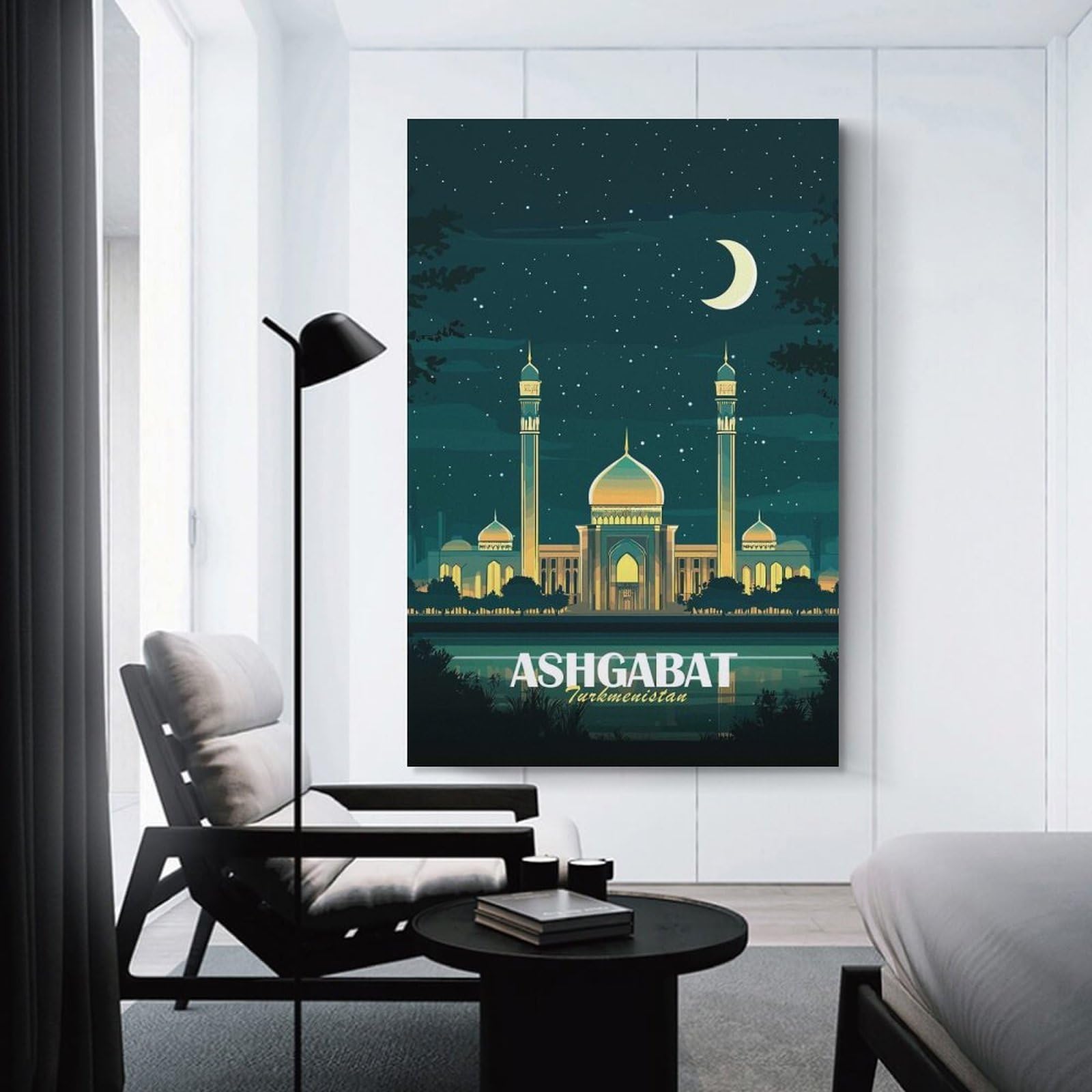 Junmoney Canvas Wall Decor Ashgabat, Turkmenistan Nightscape Illustration, 20x30inch(50x75cm), for Restful Interiors, Bedrooms Or Small Rooms, Canvas Wall Decor for Personal Spaces