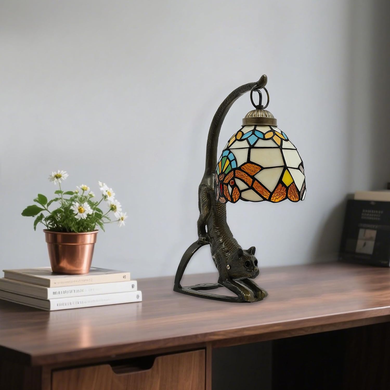Eapmic Tiffany Style Table Lamp, Stained Glass Bedside Nightstand Lamps with Cat Base, Vintage Antique Small Desk Light for Bedroom Living Room Home Office Reading Decoration, 5.9x15.74in (Style 1)