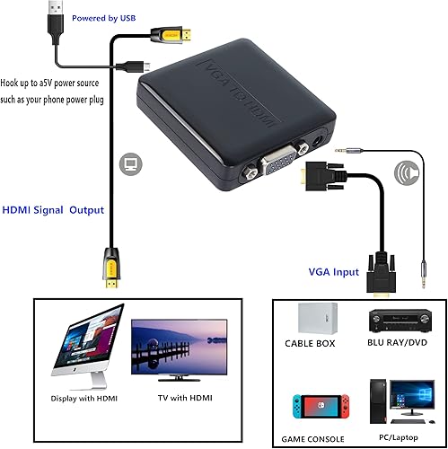 Miniatura 5 de SinLoon VGA a HDMI, Mini VGA+RL a HDMI, convertidor de audio y video con cable USB, 1920 x 1200, para proyector de pantalla de computadora portátil