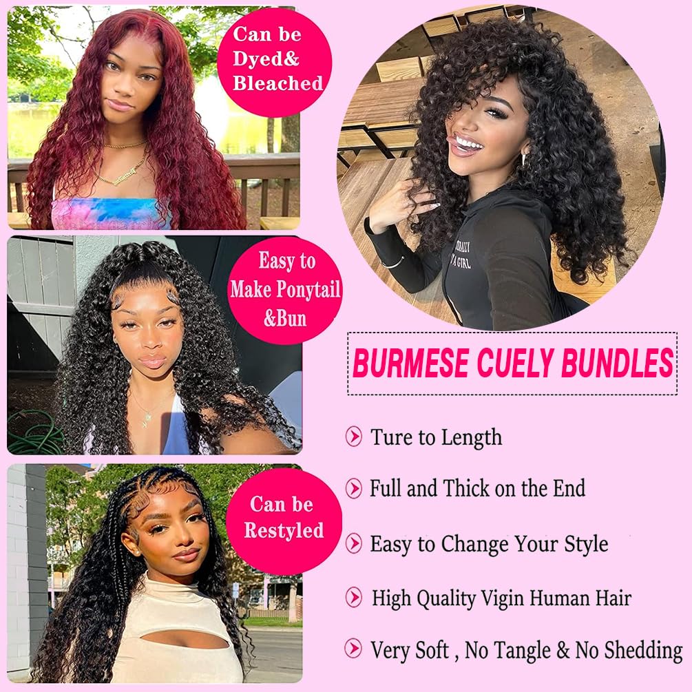Burmese Curly 4 Bundles Human Hair （ 22 24 26 28 Inch ）12A Unprocessed Virgin Water Wave Bundles Deals Human Hair Extensions with Spriral End 3c4a Quick Weave Hair for Women Natural Black