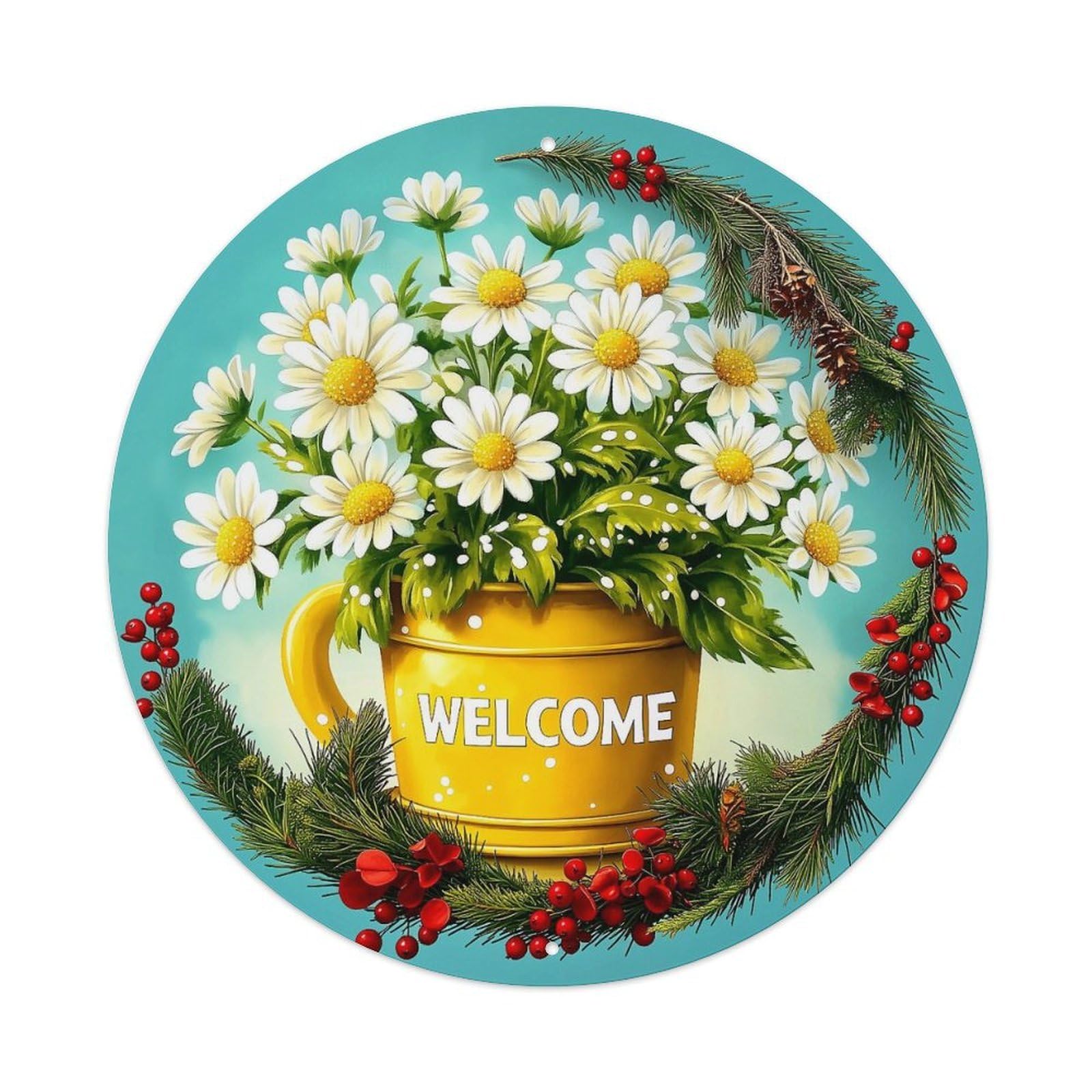 Welcome Daisy Pine Berry Wreath Round Metal Tin Sign Vintage Wall Decor, Bar Garage Cafe Kitchen Home Wall Art Poster 8x8inches