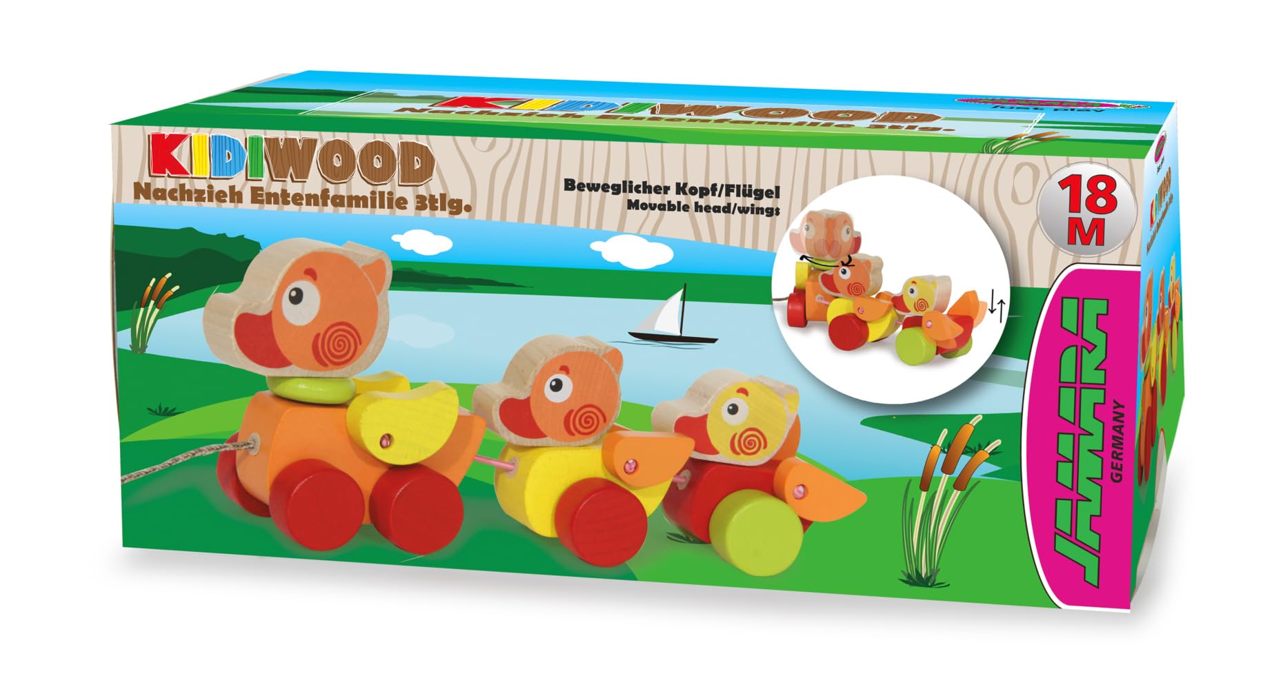 JAMARA Wooden Toy Kidiwood Pull Along Duck Family 3-Piece Set – From 18 Months – Solid Wood – Mountain Maple and Beech, Water-Based Colours, Promotes Motor Skills and Touch Senses, Pull Cord