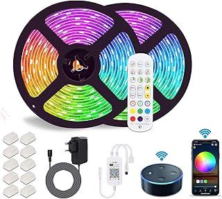 Alexa LED Strip 10m, 5050 RGB LED Stripes, APP Steuerbar Musik LED Lichterkette kompatibel mit Alexa,Google Assistant Farbwechsel LED Streifen LED Leiste mit Fernbedienung and 12V Netzteil