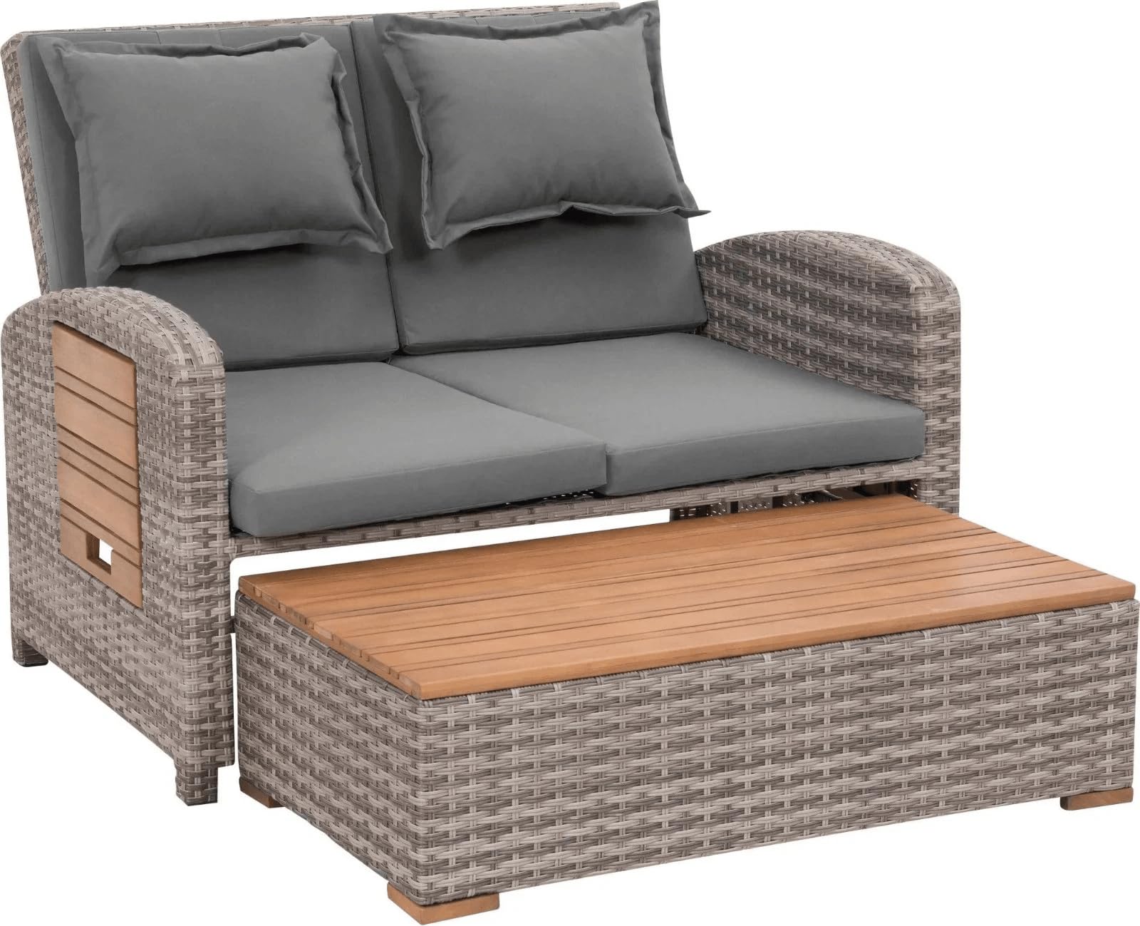 greemotion Gartensofa mit Liegefunktion Bahia Tobago - Sonnenliege mit 5-fach verstellbarer Rückenlehne - Gartenlounge mit zwei klappbaren Seitentabletts - Loungesofa inkl. Hocker 117x93x74 cm | 117 x 93 x 74 cm