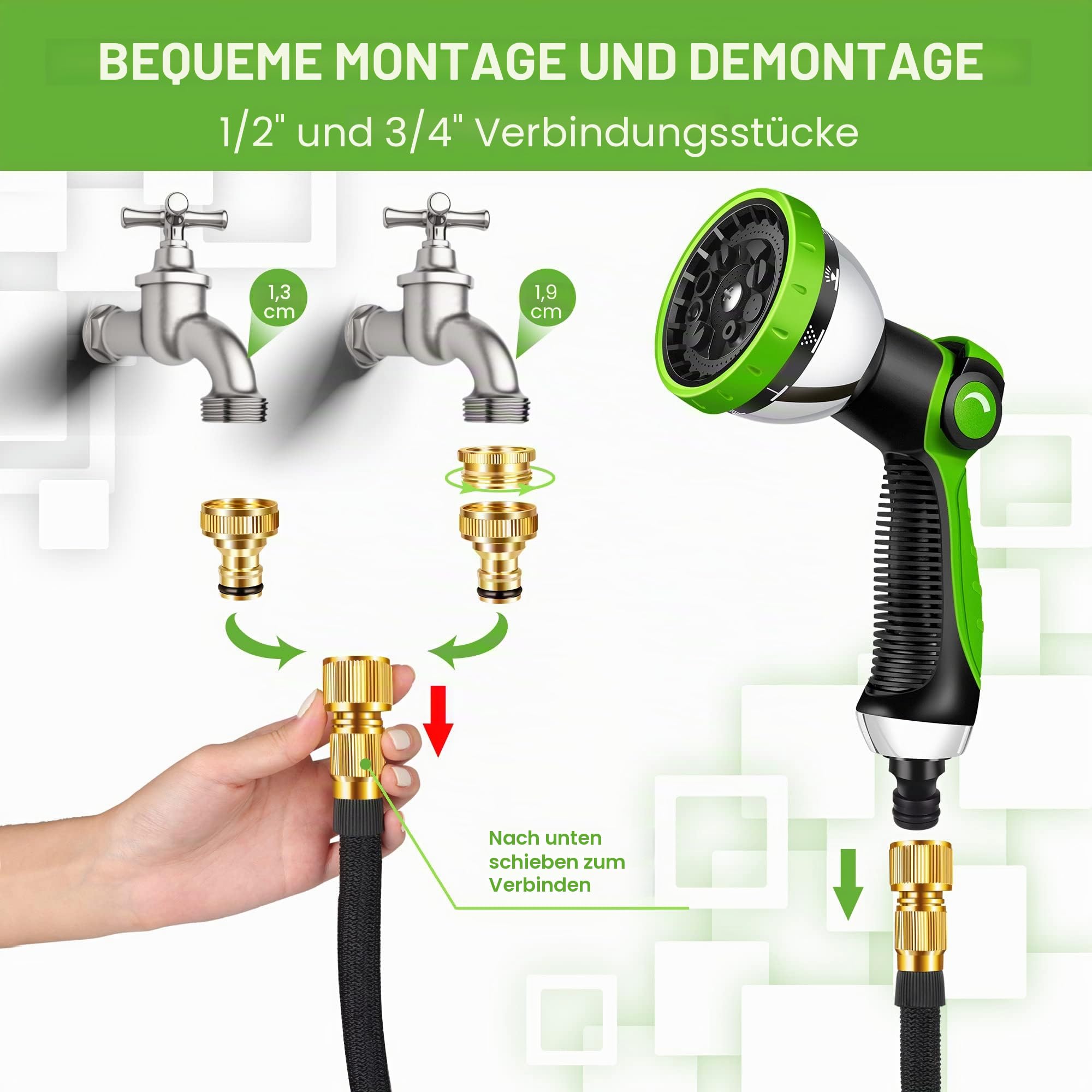 flexibler Gartenschlauch, ausdehnbarer Wasserschlauch mit 10 Sprühmuster-Düsen und massiven Messinganschlüssen, Gewebe 3750D, Strapazierfähiger Gartenschlauch mit 4-lagigem Latexkern-15m/50ft