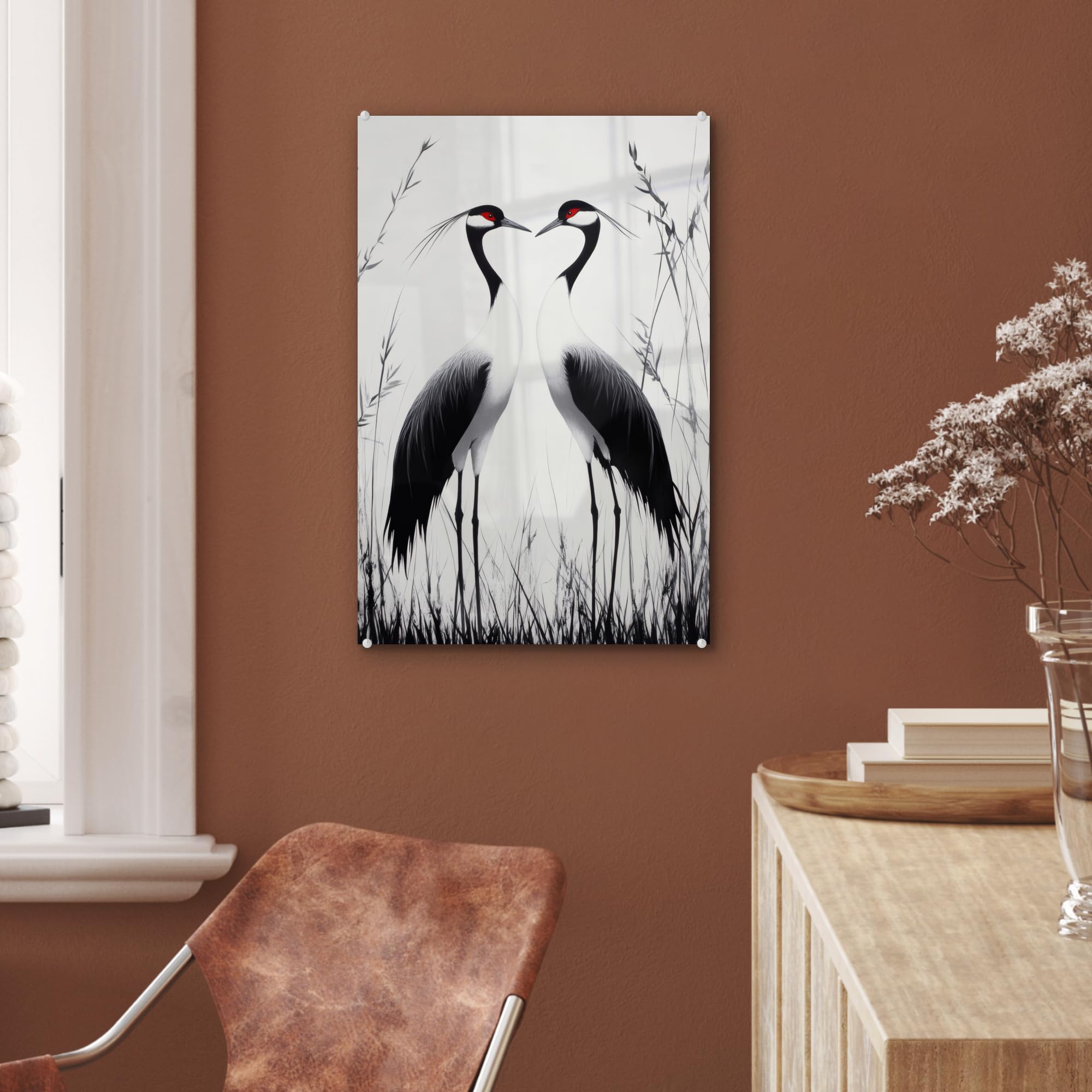 MuchoWow© Quadri Grande Formato 40x60 cm Mini Poster Parete Moderno Interno Stampa Foto Su Vetro Salotto Cornice Murale Arredamento Gru - Erba - A Forma Di Cuore - Nero