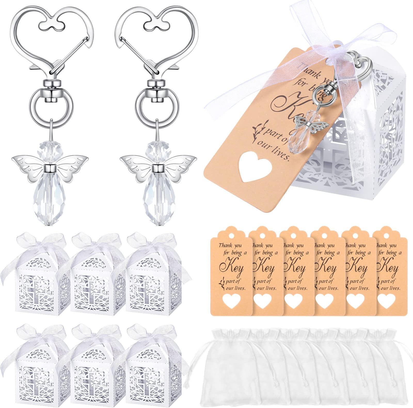 Fumete 100 Pcs Baptism Favors Set First Communion Favors Angel Keychains Baptism Boxes White Organza Bags with Tags for Bautizo Recuerdos Christening Memorial Gifts Wedding Baby Shower Party Supplies