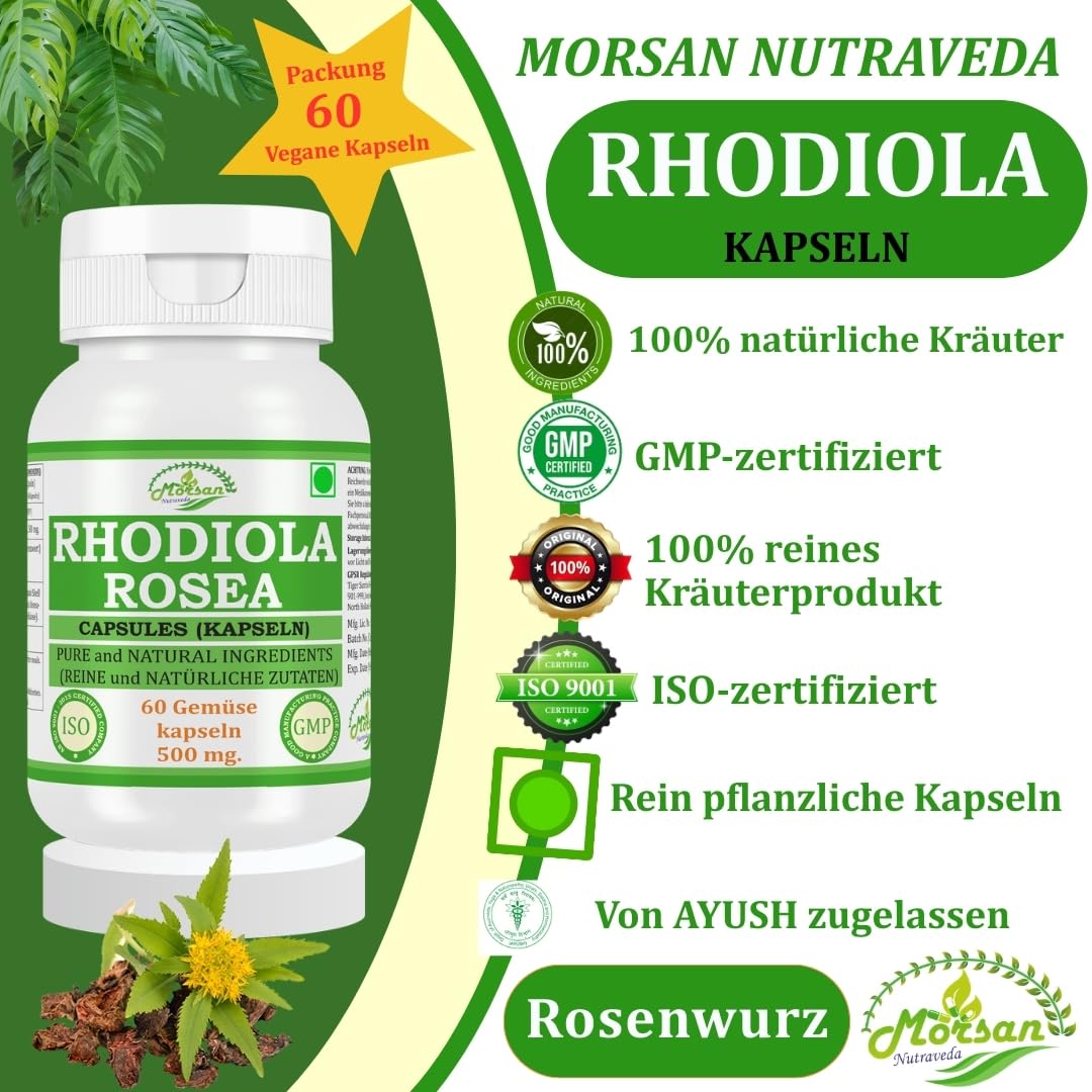 Rhodiola Rosea Kapseln, 500 mg, 60 Stück, Pflanzliche Nahrungsergänzung, Vegan, Laborgeprüft (2)