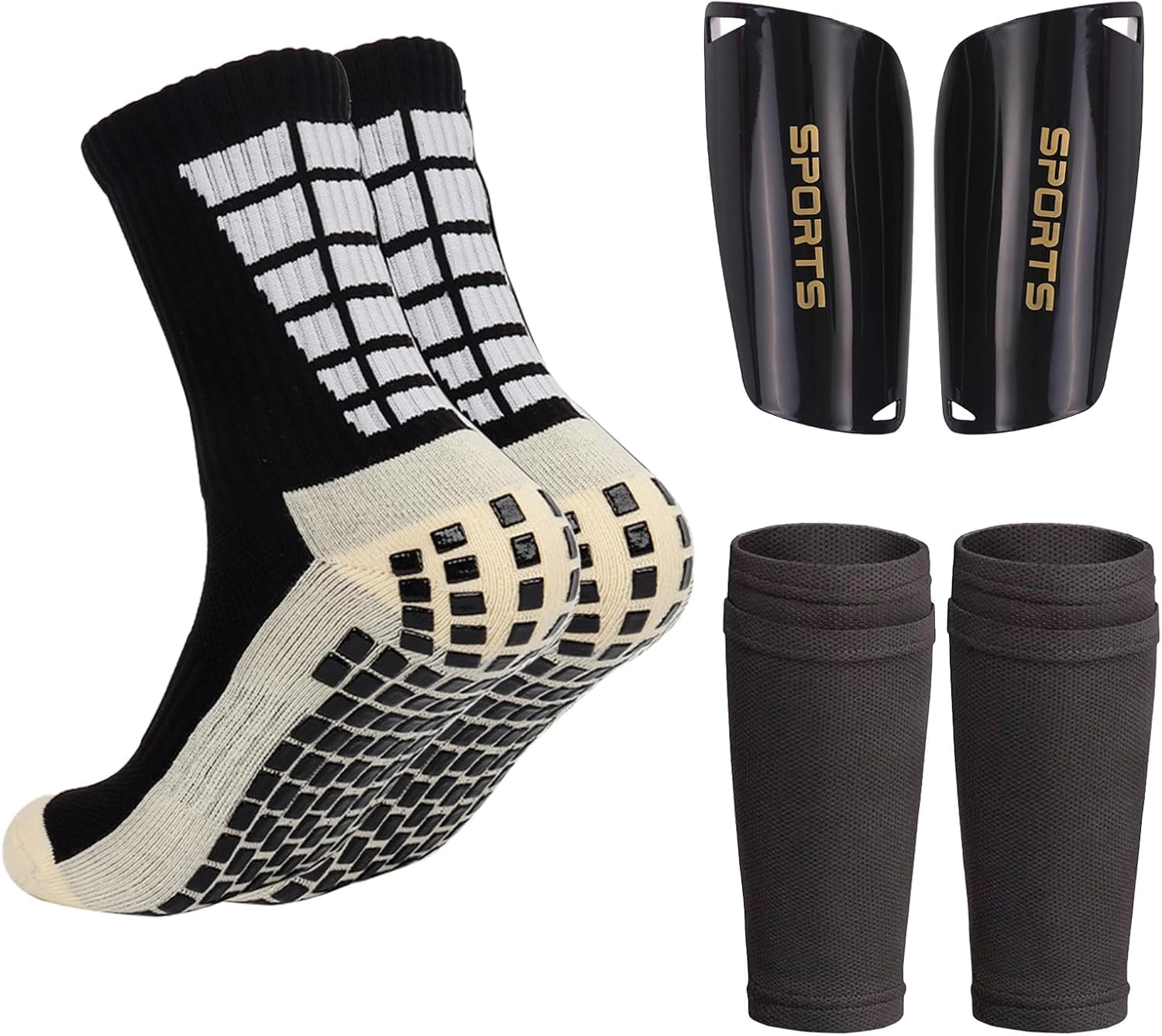 Arrowmax Football Socks with Shin Guard for Men – Grip Soccer Socks, 2 Shin Sleeves & 2 Shin Guards | 6 Pcs Soccer Equipment Set for Adults (Black)