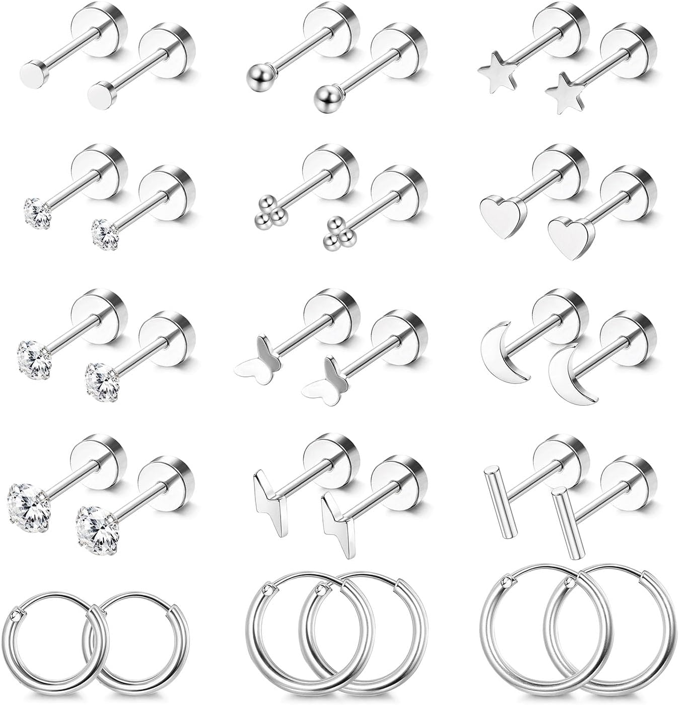 Jstyle Hypoallergenic Surgical Steel Earrings for Sensitive Ears 14K Gold Flat Back Stud Earrings for Women Men Small Stainless Steel Stud Hoop Screw Back Cartilage Earring Set for Multiple Piercing - Amazon product rated Grade B