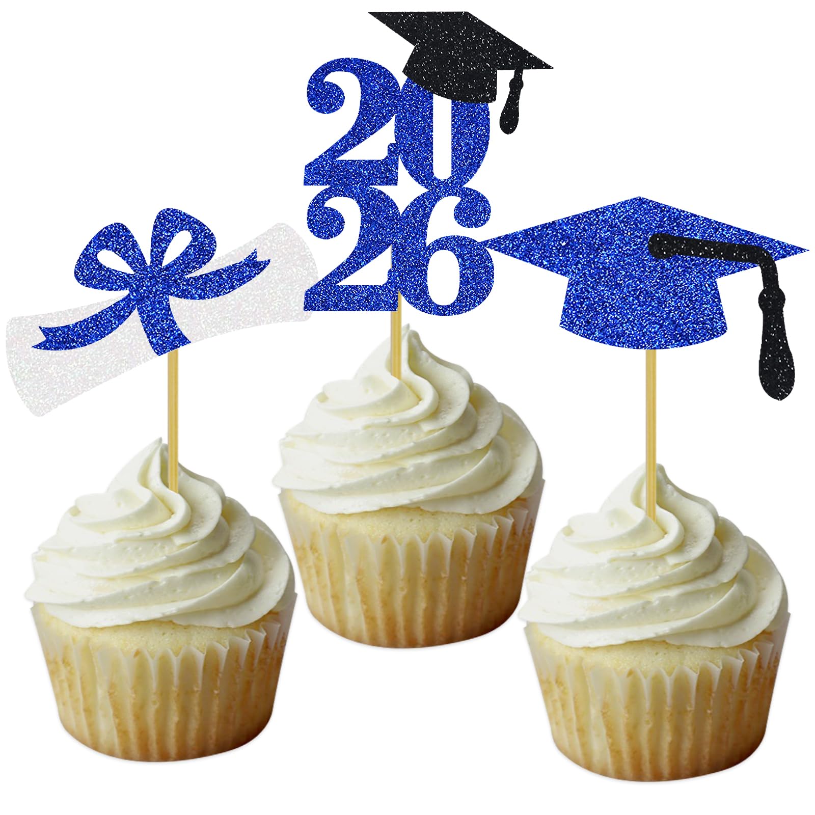DOMOO OF DREAMS Graduation Cupcake Toppers Grad Party Decoration Food Picks Congrats Glitter Diploma Cap School Colors Supplies 24 PCS Blue