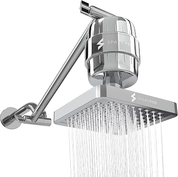 SparkPod 6" High Pressure Rain Shower Head with 23 Stage Filter Capsule & 11 Inch Adjustable Shower Arm Extension -Shower Filter Reduces Chlorine for Smoother Hair & Skin Square, Polished Chrome