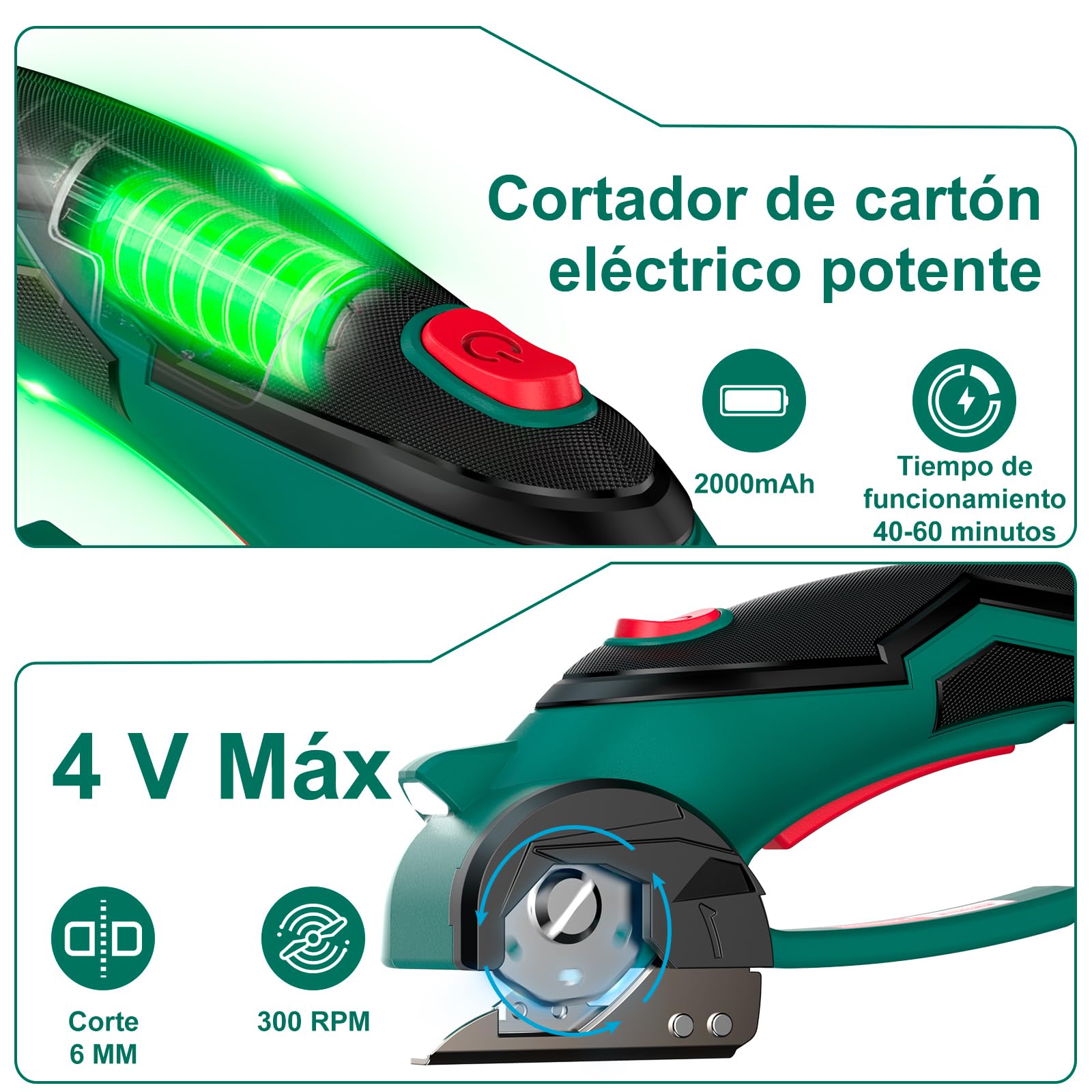 HYCHIKA Tijera Electrica Inalámbricas 4V, Cúter Rotativo Eléctrico 300 RPM, Tijeras Eléctricas con 2 Cuchillas y LED para Tela, Costura, Cuero, Alfombra, Cartón y Plástico