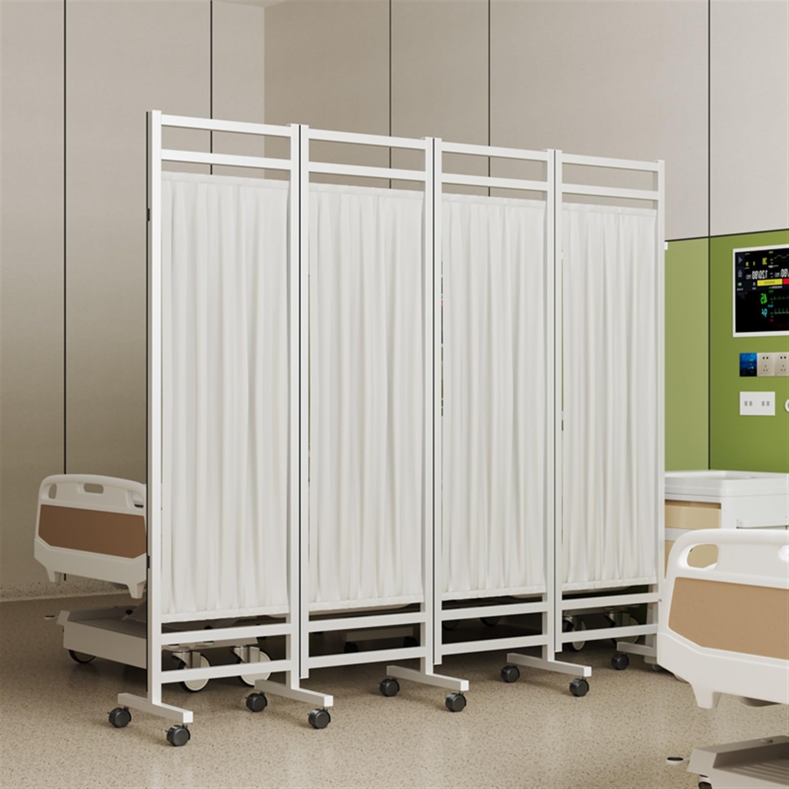 Schermo divisorio Medico a 4 Pannelli, Alto 1,8 m, su Ruote, autoportante, per studi Medici, cliniche e ospedali, Parete Mobile temporanea, Bianco.