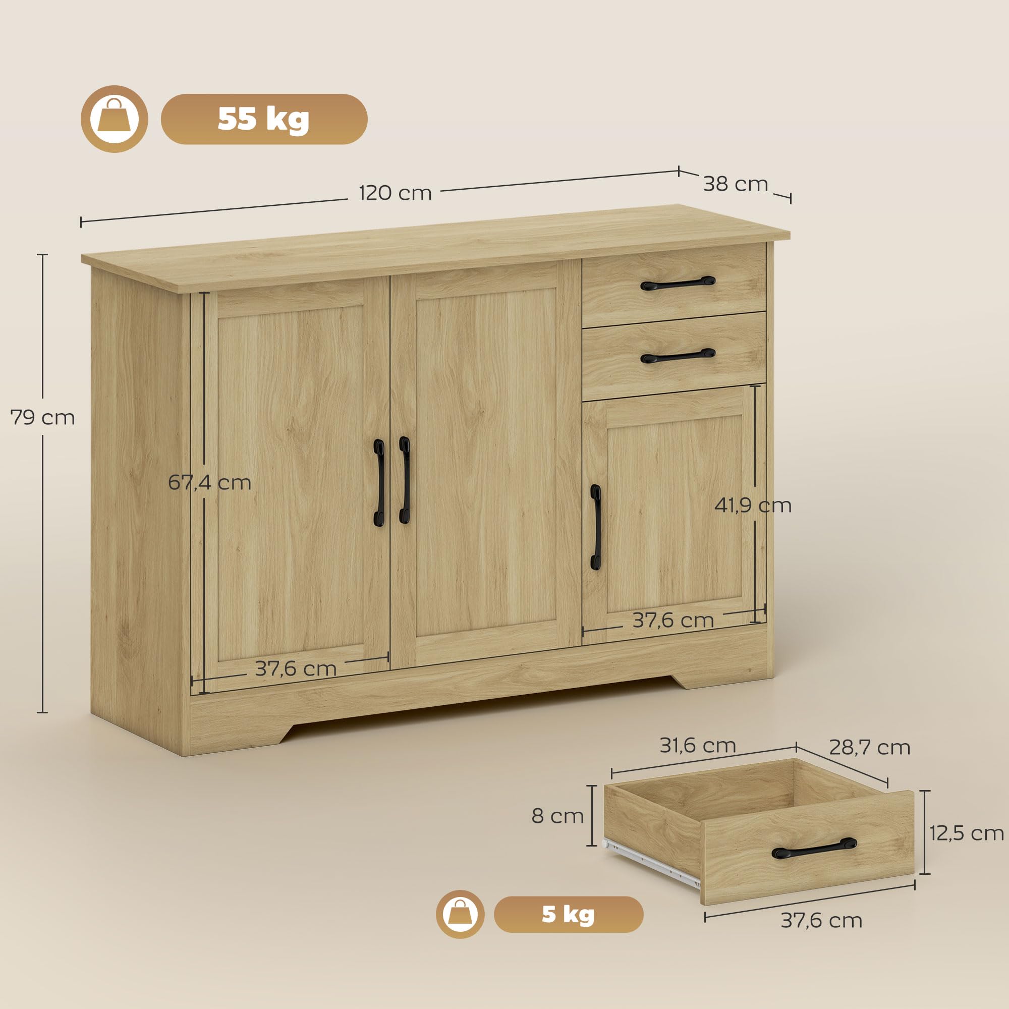 HOMCOM Aparador 3 Puertas, Aparador para Salón Rústico Moderno, con 2 Cajones, Estante Ajustable, Bisagra Cierre Suave, para Comedor, Entrada, Dormitorio, Natural, 120x38x79 cm