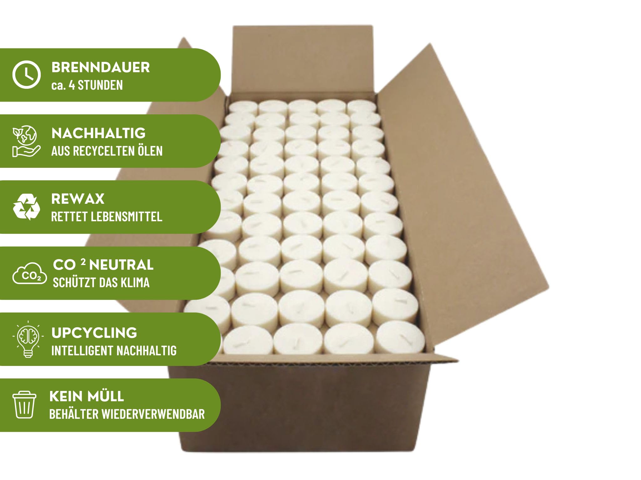 Öko Teelichter 100% Biomasse (300 Stück) Bio-Qualität, Ø38 mm, Brenndauer ca. 4h, ohne Aluminiumhülle, nachhaltige Teelichter für Deko, Haushalt & Feste