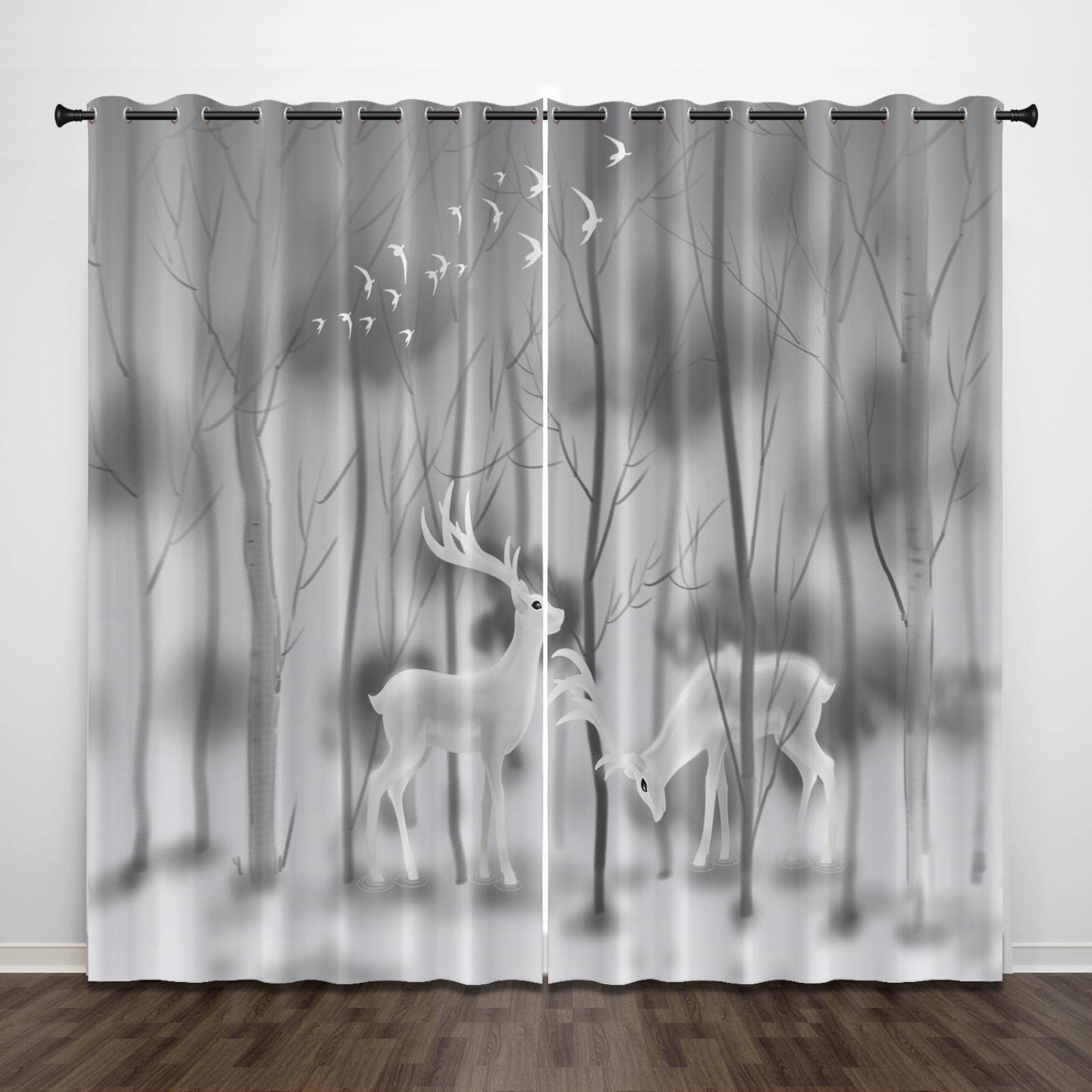 Exquisite Eyelet Blackout grey jungle animal deer 59x65 Inch Thermal Insulated Curtains 2 Panels for Living Room/Bedroom/Nursery