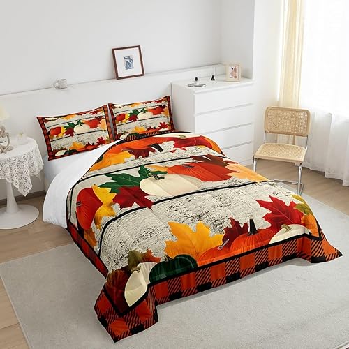 Miniatura 5 de Juego de ropa de cama de calabaza, juego de edredón geométrico a cuadros para niños y niñas, decoración de festival de calabaza de otoño, juego de