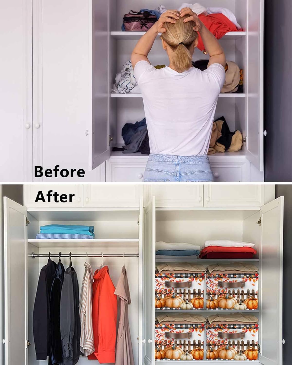 Fall Dog Storage Bins Cubes Waterproof Cloth Storage Basket, Thanksgiving Pumpkin Black Checkered Tree Foldable Storage Bags for Shelf Closet Clothes Storage Organizers with Handles 15x11x9.5 in 1PCS