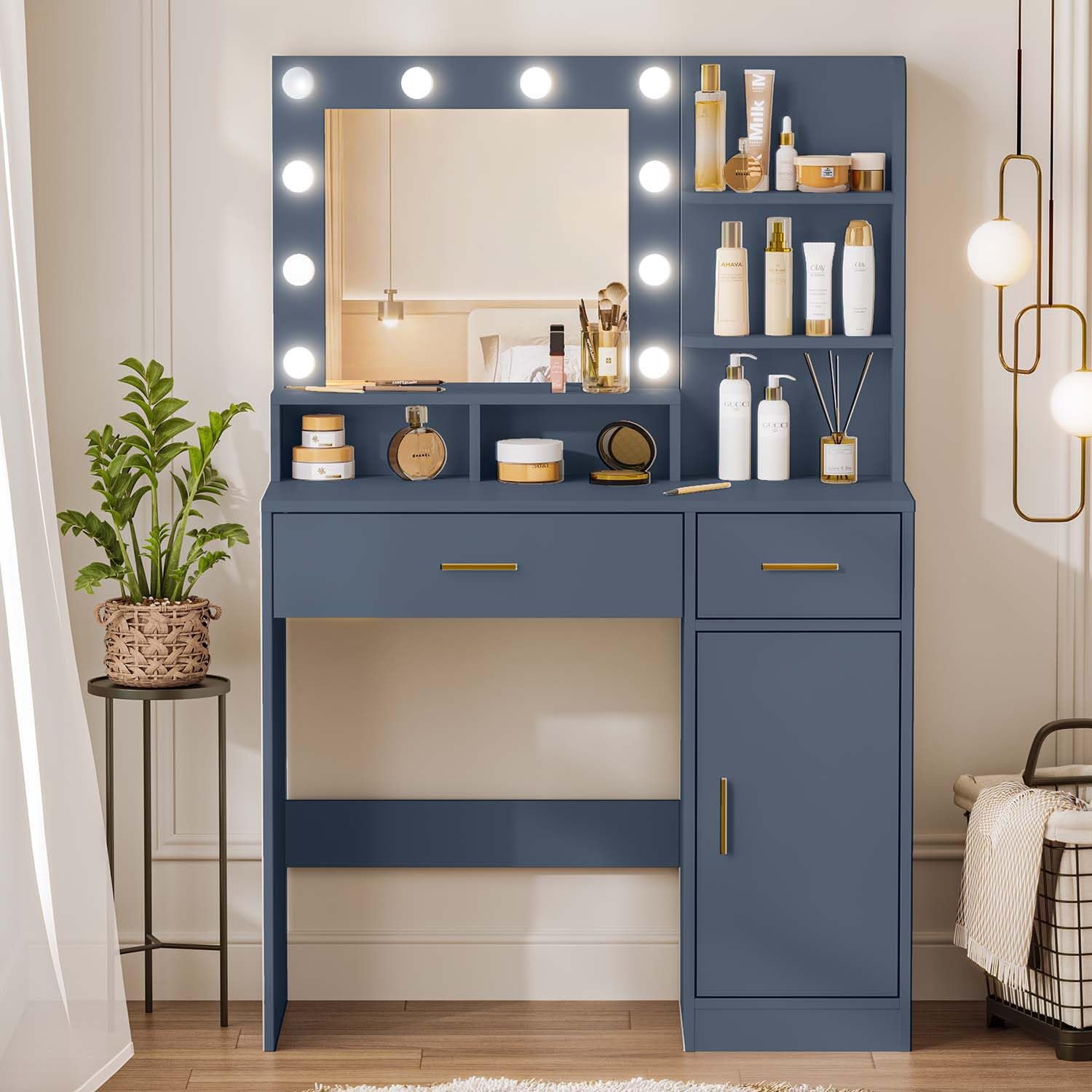 cebihy Vanity Table with Mirror & Lights, 35" W Vanity Set with 2 Drawers & Shelves Cabinet