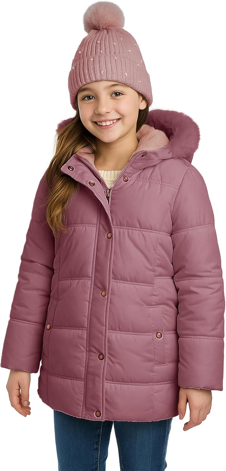 KENSIE GIRL Girls Puffer Jacket - Insulated Polar Fleece Puffer Winter Coats for Girls w/Fur Hood & Matching Snow Hat - Image 2