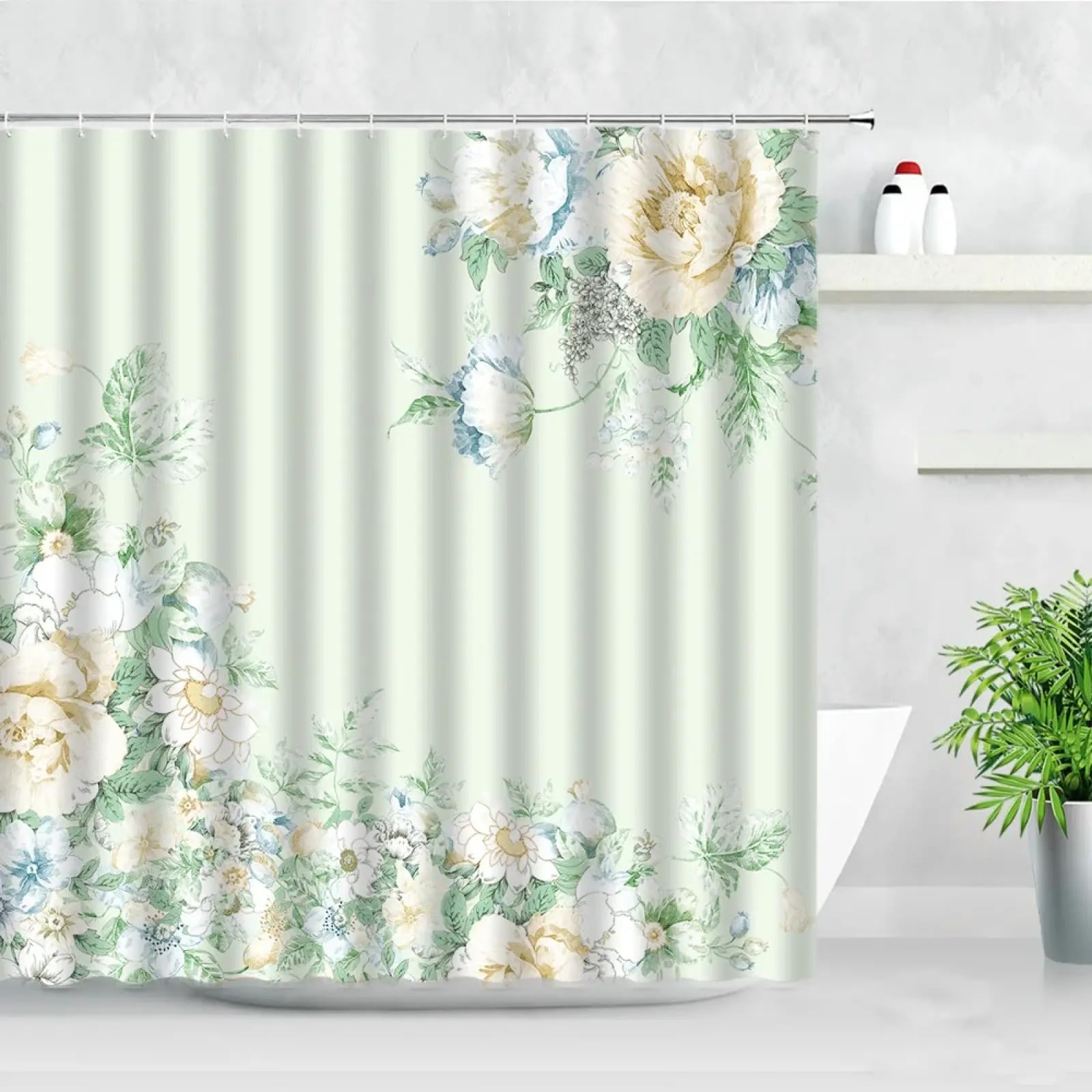 Rideau de douche imperméable plantes florales 140x170cm avec crochets
