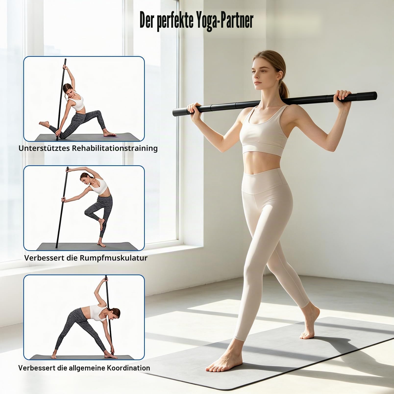Tragbarer Yoga Stick, 4-teilig Verstellbarer Gymnastikstab mit Schaumstoffgriffen, 30/45/60 Zoll (76/114/152 cm) für Flexibilität, Gleichgewicht & Rückentraining