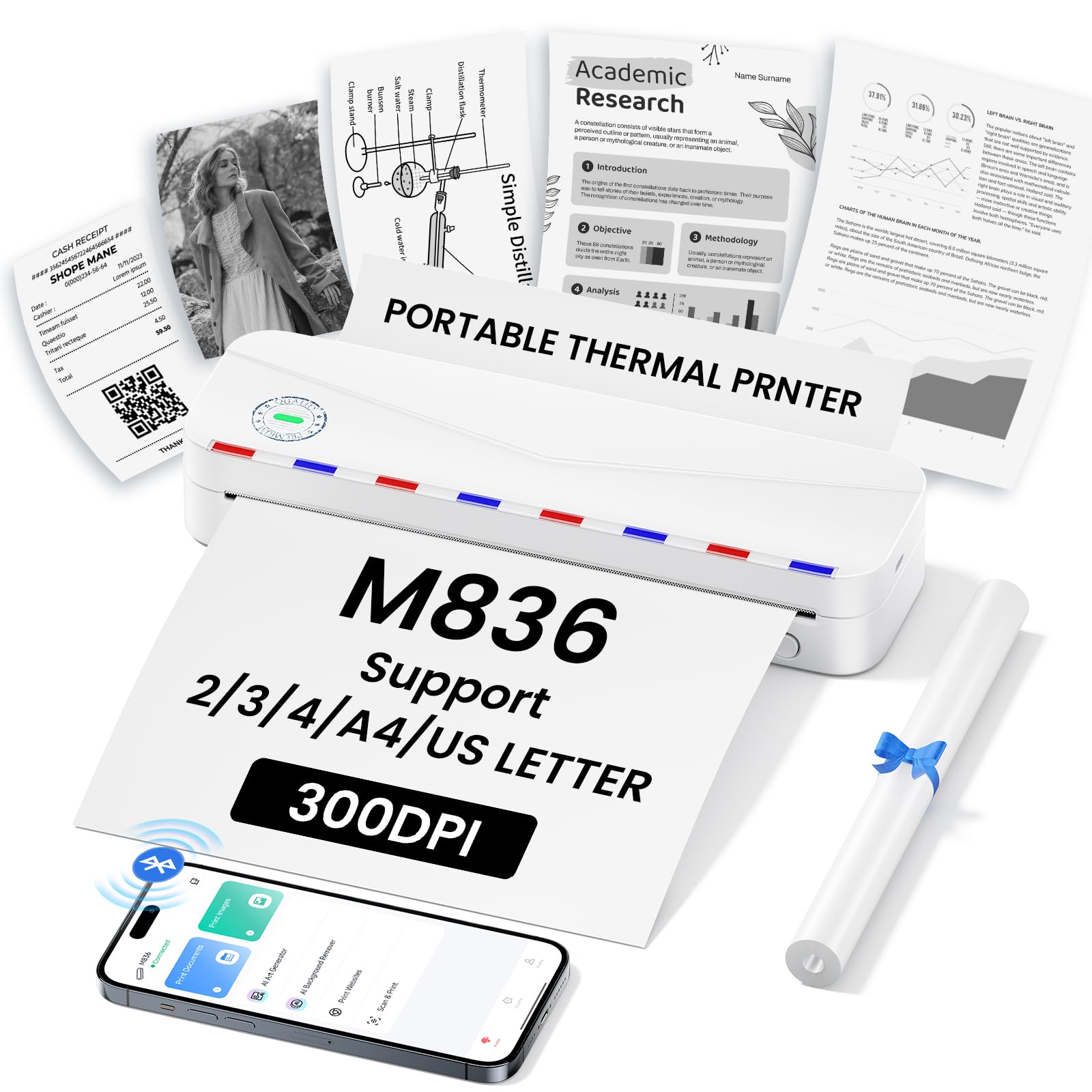 Phomemo Portable Thermal Printer - Portable Printer Wireless for Travel, Support 8.5'' x 11'' US Letter & A4, M836 Bluetooth Inkless Printer for Home