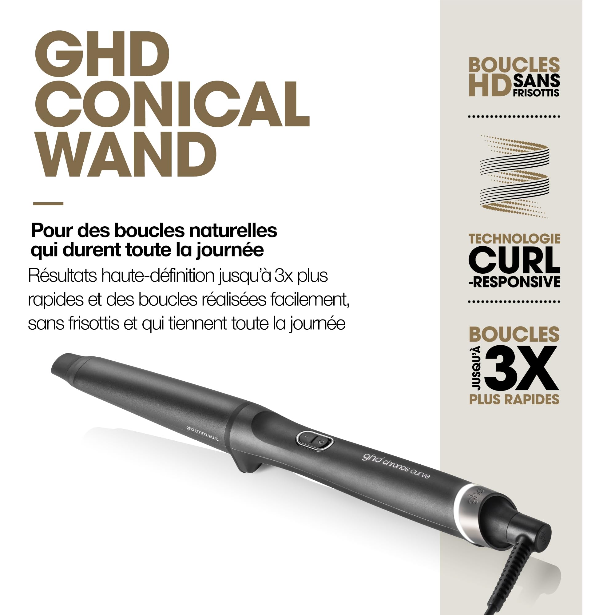 ghd - Boucleur ghd Chronos Curve Conical Wand - Fer à boucler cheveux (Noir) - Fer à friser pour boucles naturelles, wavy facile - Coiffure 3x plus rapide, sans dommage - Toutes longueurs de cheveux