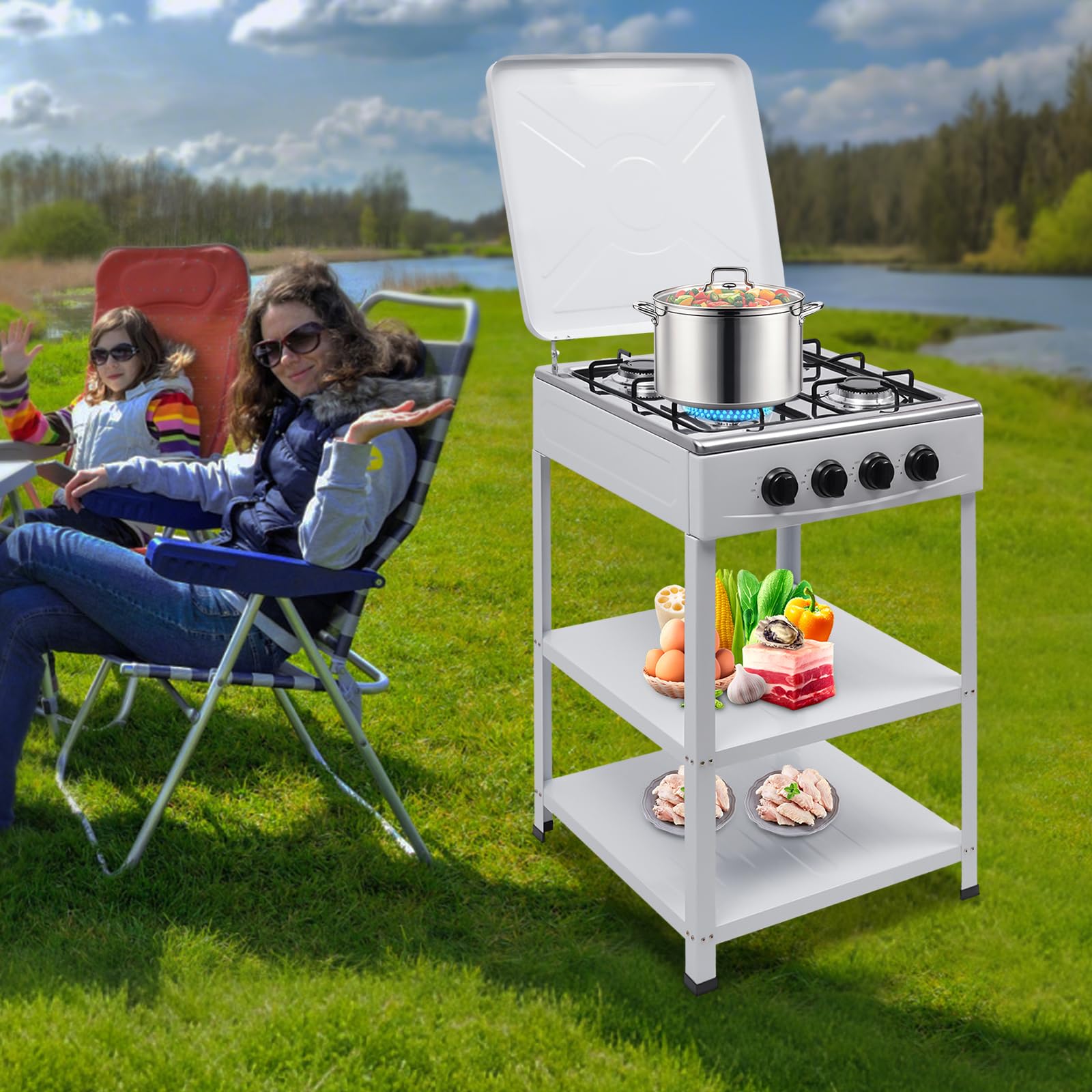 Cuisinière à gaz 4 brûleurs avec double surface de rangement, réchaud à gaz autonome avec allumage manuel, cuisinière à gaz blanche pour cuisine, camping et camping-car, 49 x 49 x 79 cm