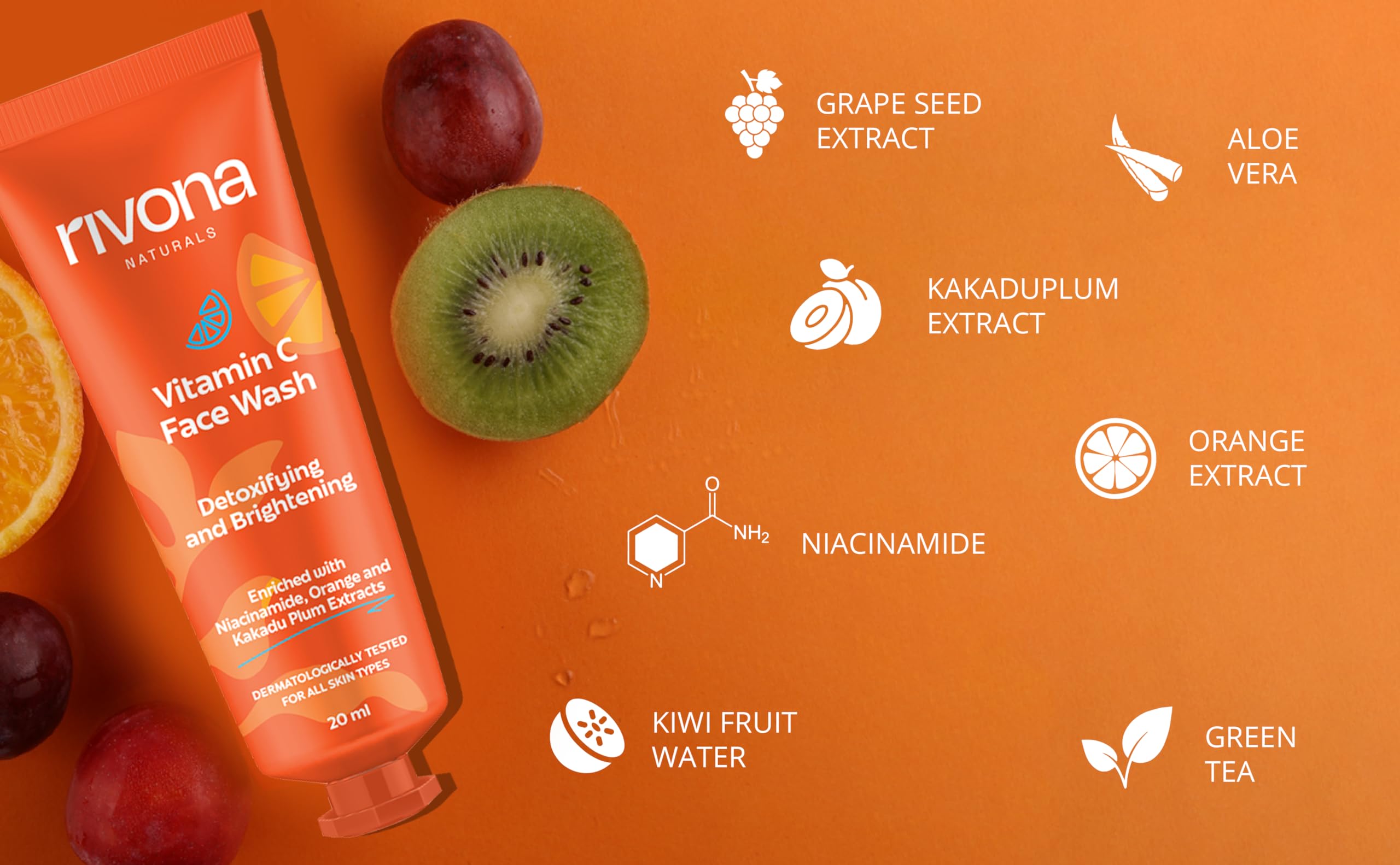 Rivona Naturals Vitamin C Face Wash With Niacinamide & Orange, Kakadu plum| For Women & Men 20ml- Toxin-Free & Oil-Free Face Wash for Acne-Prone, Dry & Oily Skin 1