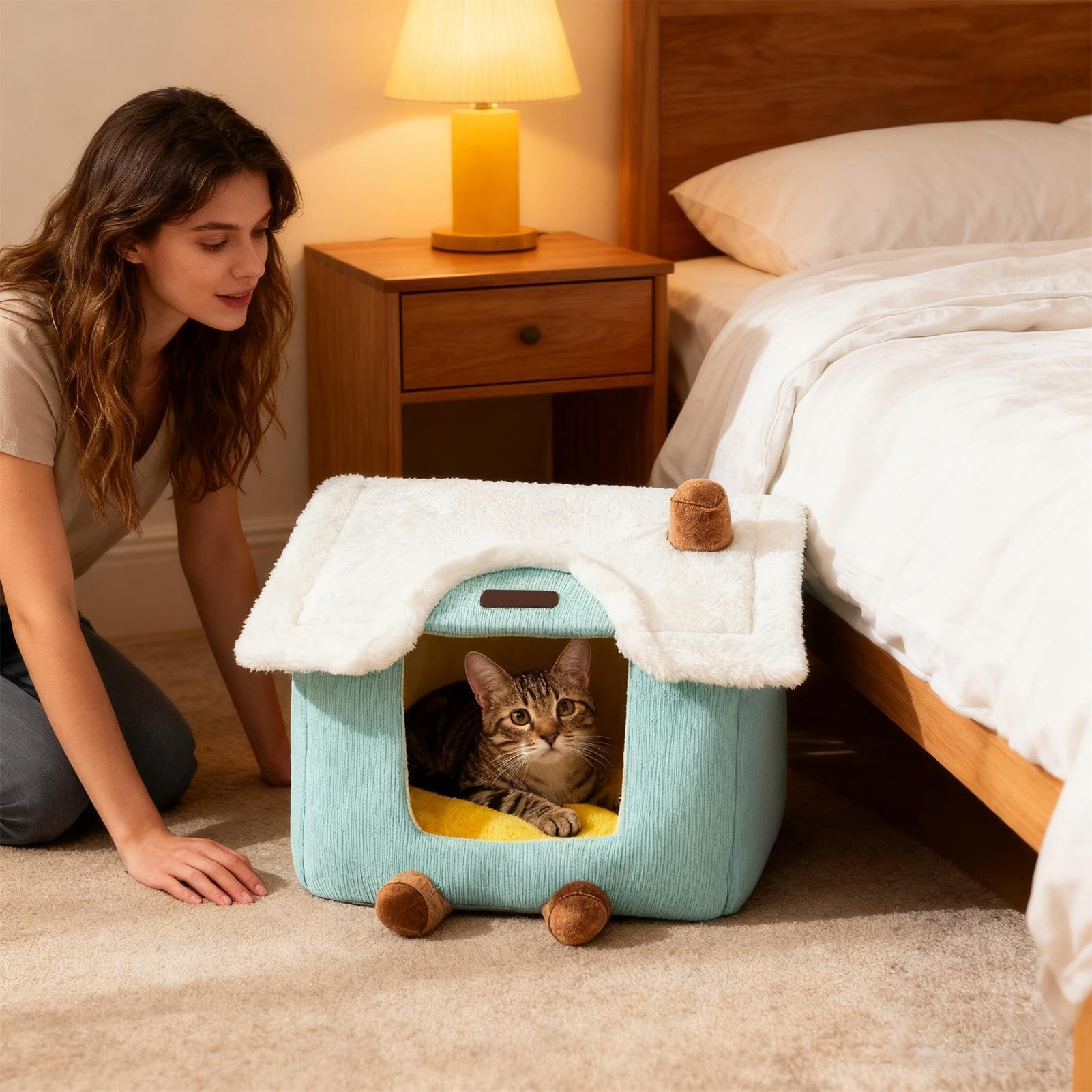 Cama cubierta para gatos – 40 x 32 x 32 cm, nido de felpa para mascotas, almohadilla extraíble, cálida casa para dormir | Camas de invierno interiores para gatitos, cachorros, perros pequeños