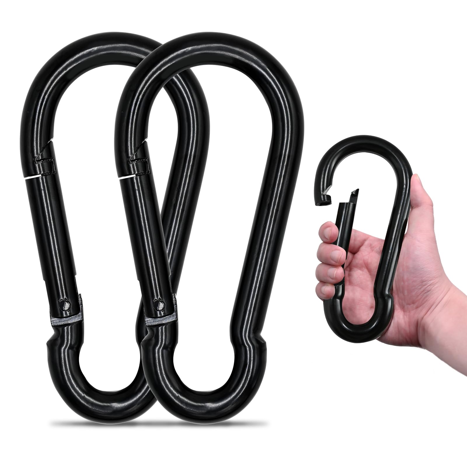 KINLINK 2 Pack Black Carabiner Clip, 7 inch Heavy Duty Spring Snap Hook, Large Caribeener Clips for Camping, Swing Set, Hammock, Hiking, Travel,