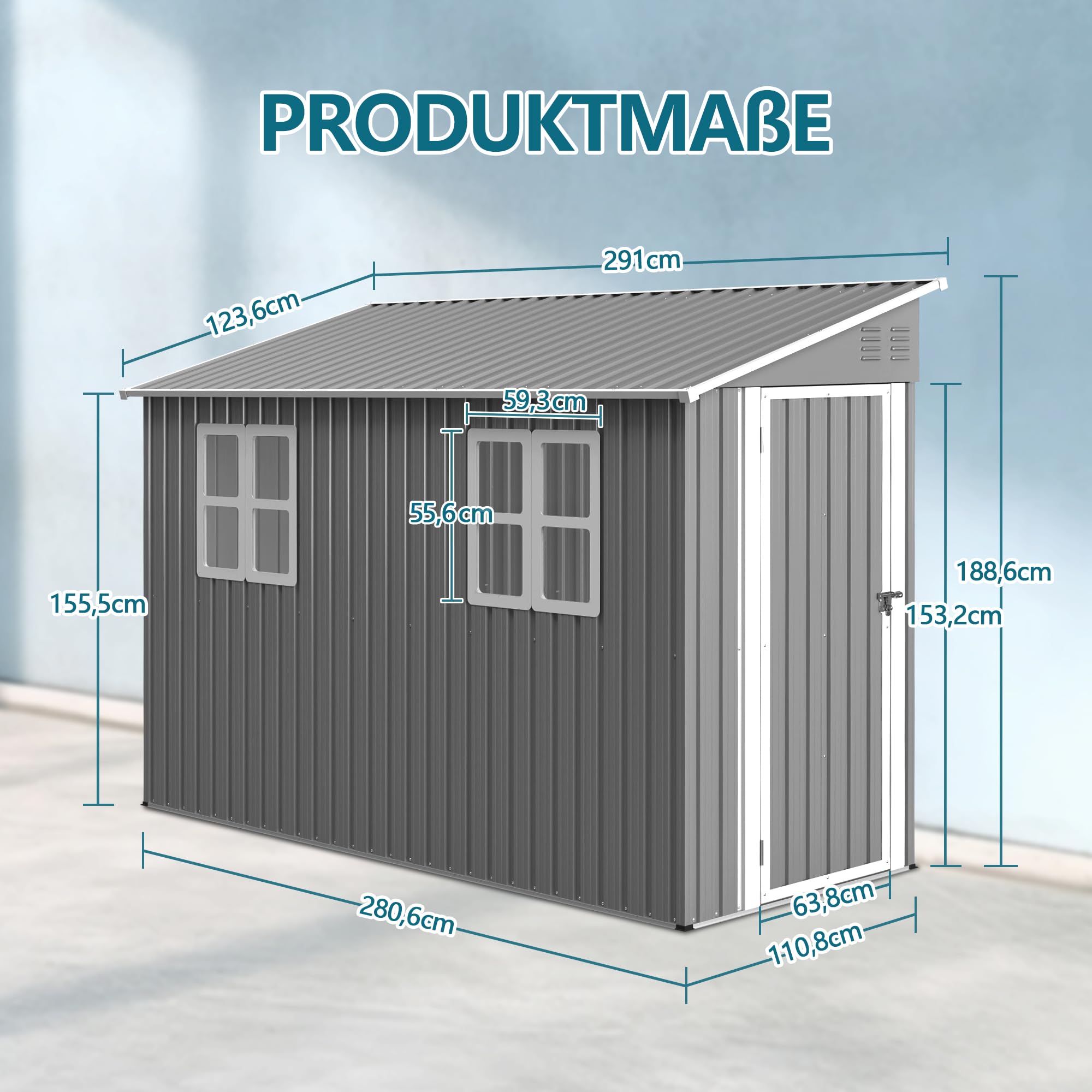 4x10 FT Casa in metallo per attrezzi con tetto a due spioventi e design a tetto spiovente con doppia porta che si apre a sinistra/destra e 2 finestre, capanno per attrezzi stabile e resistente agli