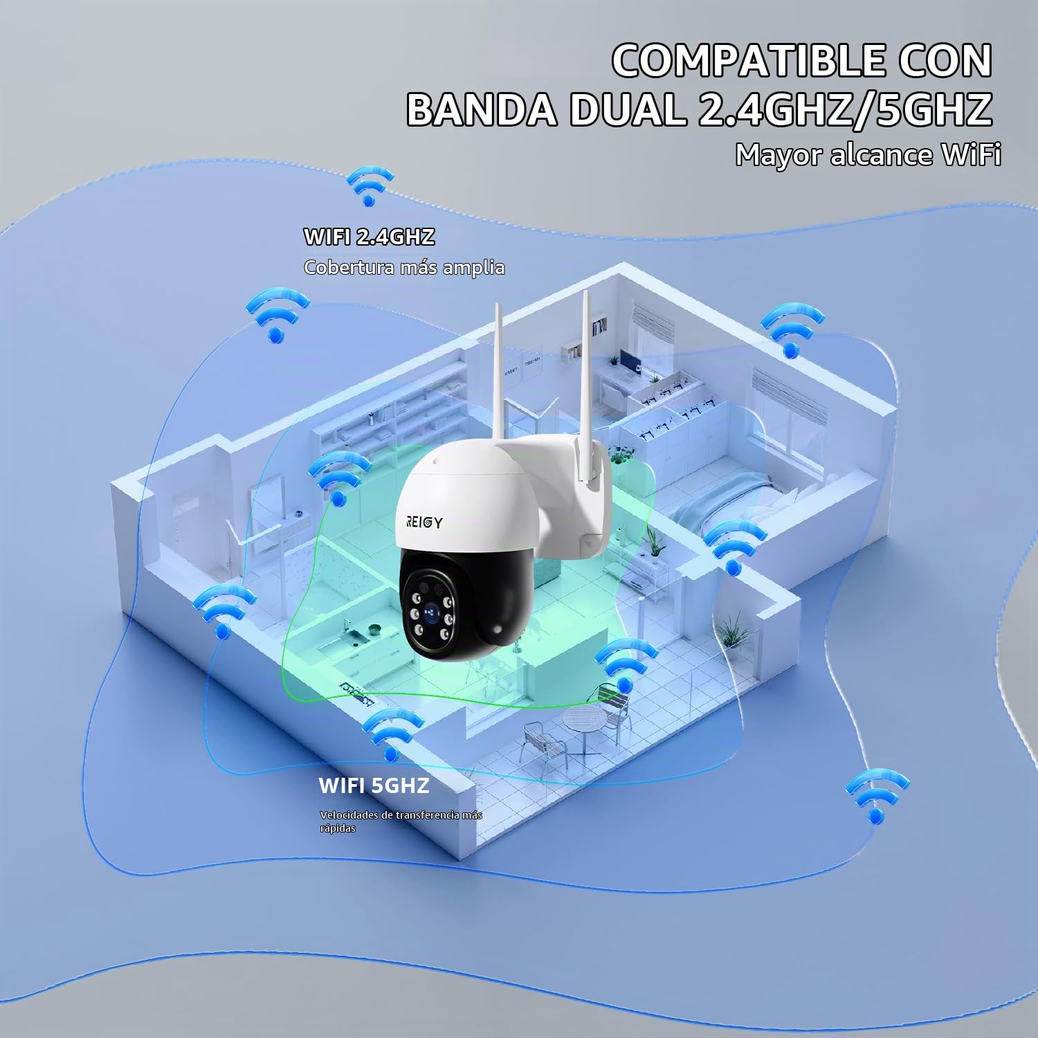 REIGY 5MP Cámara de Vigilancia WiFi Exterior 360°, Camara de Seguridad IP PT 2880*1620p, Visión Nocturna Infrarroja y Color, Audio Bidireccional, Detección de Movimiento Compatible con NVR iOS/Android