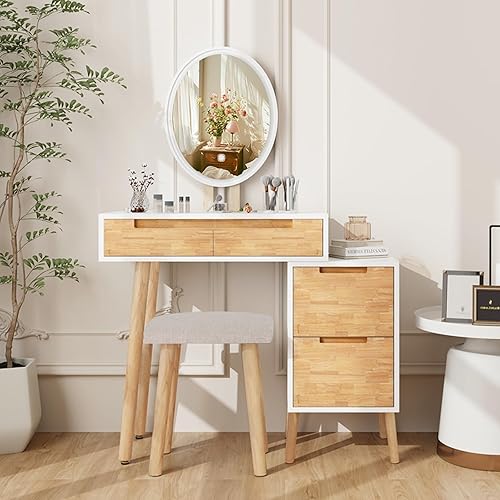 Miniatura 15 de YOURLITE Juego de mesa de tocador de maquillaje con 3 modos de espejo iluminado ajustable, taburete acolchado, tocador para espacio pequeño