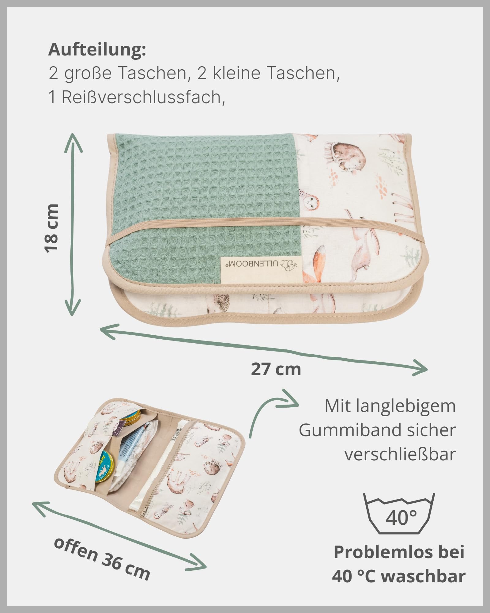 ULLENBOOM Windeltasche für unterwegs Waldfreunde (Made in EU) - Wickeltasche für bis zu 3 Windeln, Feuchttücher & weiteres Zubehör, Windeletui mit Reißverschluss & Gummiband, klein & lässig
