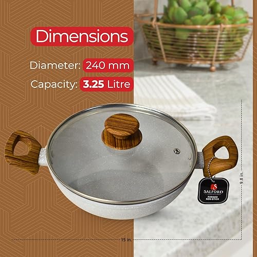 Miniatura 7 de SALFORD Sartén antiadherente forjada de 9.4 pulgadas con tapa de vidrio, Kadai de aluminio de 3.25 litros con base de inducción, sin PFOA, mango de