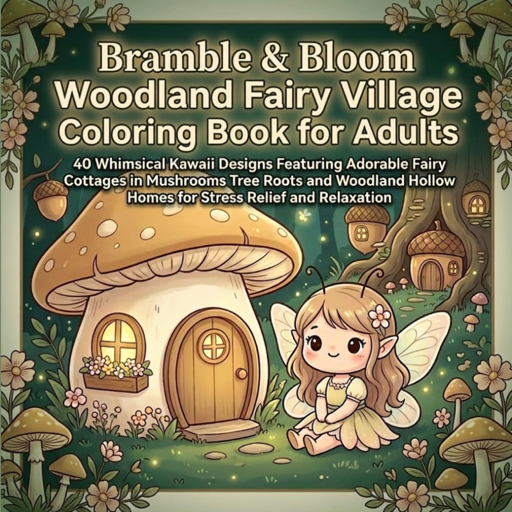 Bramble & Bloom: Woodland Fairy Village Adult Coloring Book: 40 Whimsical Kawaii Designs Featuring Adorable Fairy Cottages in Mushroom Tree Roots and ... Hollow Homes for Stress Relief and Relaxation
