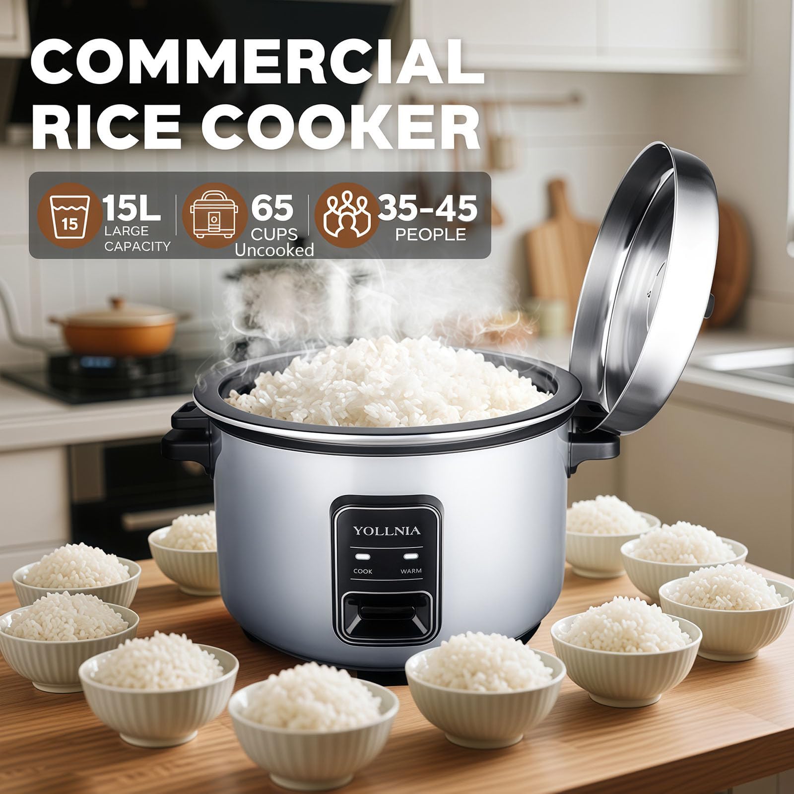 Cuiseur de Riz [15L Grande Capacité] Pour 35-55 personnes, grand cuiseur à riz | Maintien au chaud 24h | Fonctionnement par simple pression, chauffe-plats avec récipient antiadhésif