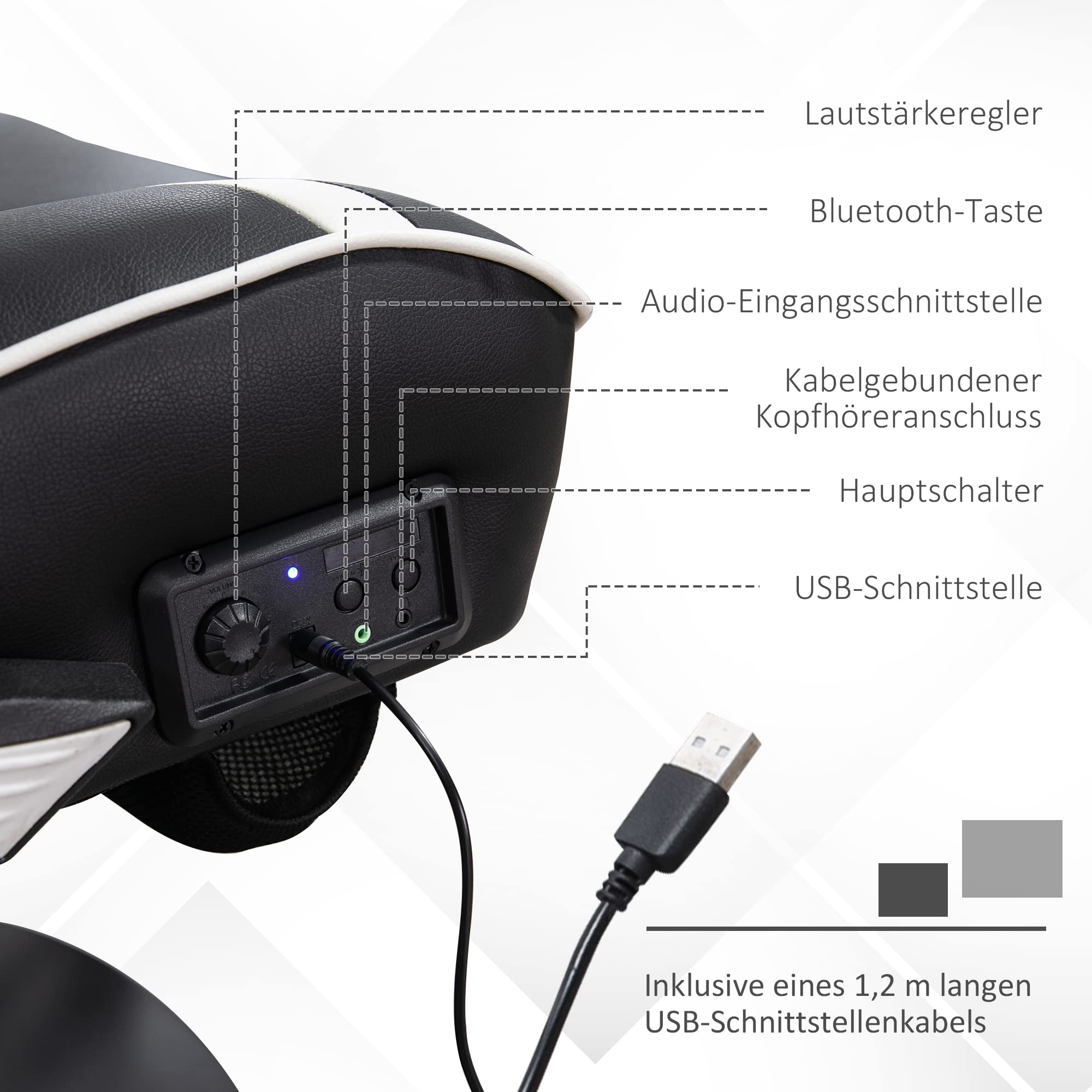 Vinsetto Sedia da gioco con funzione basculante, sedia da ufficio regolabile in altezza, sedia ergonomica per computer con altoparlante, supporto lombare e collo per sala giochi, ecopelle bianco+nero