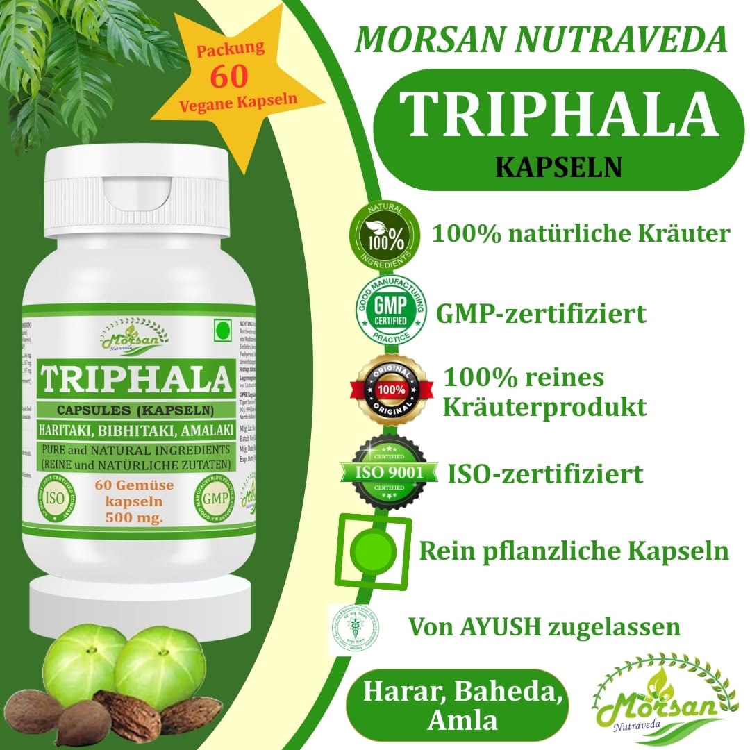 Triphala-Kapseln 500 mg. 60 Veganer. Einheiten | Amalaki (Emblica officinalis) Haritaki (Terminalia chebula) Bibhitaki (Terminalia belerica) Extrakt-Kapseln | 10:1 Stärke (2 Flasche mit 60 Kapseln)