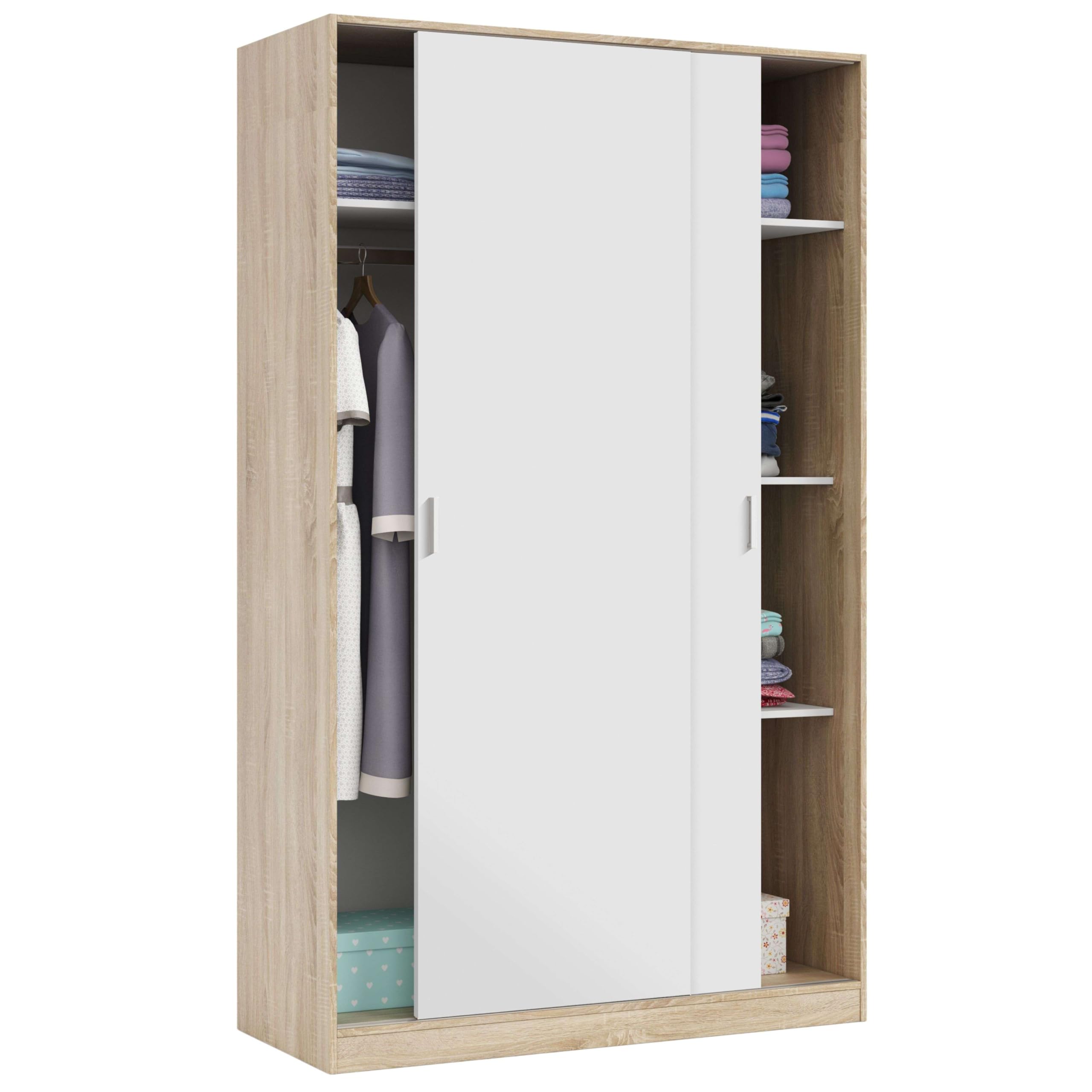 Habitdesign Armario 2 Puertas Correderas y Estantes, 200x120x50 (AltoxAnchoxFondo - en cm). Ropero Dormitorio Principal, Armario Infantil, Color Blanco Artik y Roble Canadian