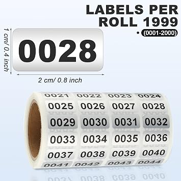 Zonon 001-2000 Pieces Inventory Number Sticker Labels Self Adhesive Waterproof Labels Vinyl Consecutive Number Stickers for Indoor, Outdoor, Storage, Classification, Supplies, 0.39 x 0.78 Inch