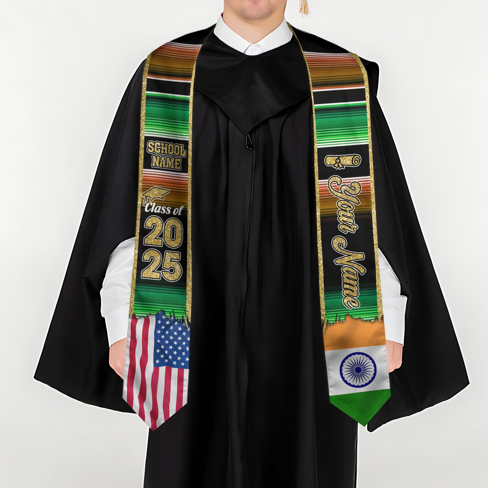 MonkeyVan Personalized India Graduation Stole, Indian Graduation Sash, India Flag Graduation Stole, Class of 2025 Id9