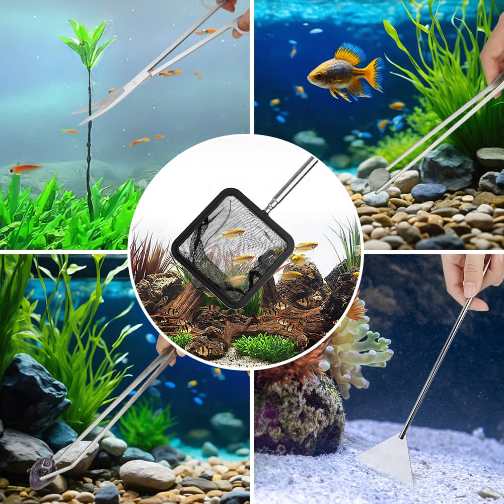 Flintronic Attrezzi per Acquario, 7 in 1 Set di Attrezzi per Acquario in Acciaio Inox, con Pinzette Forbici Spatola Imbuto, per l'Acquario Pulizia e Kit Piante acquario