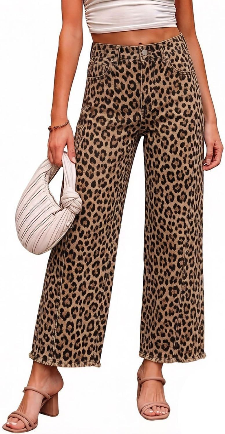 CHARTOU Women High Waisted Wide Leg Jeans Casual Stretchy Raw Hem Cropped Denim Pants