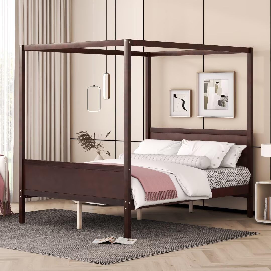 JIJIWANG Queen Size Canopy Bed with Headboard and Footboard, Solid Wood 4 Posters Platform Bed with Slat Support Leg, No Box Spring Needed, Espresso